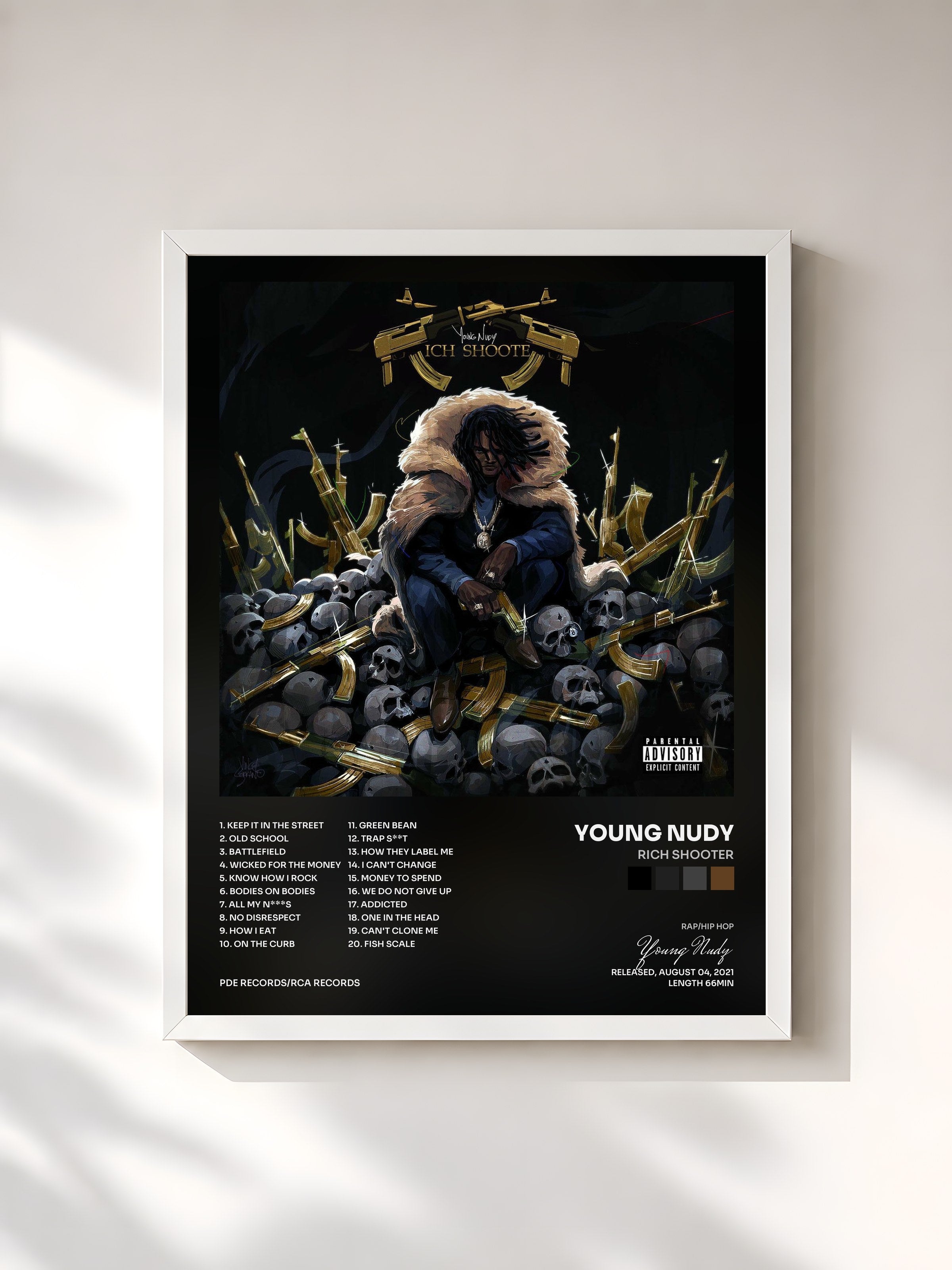 #blanc Tableau de l'album Rich Shooter de Young Nudy, cadre blanc, imprimé et encadré en France