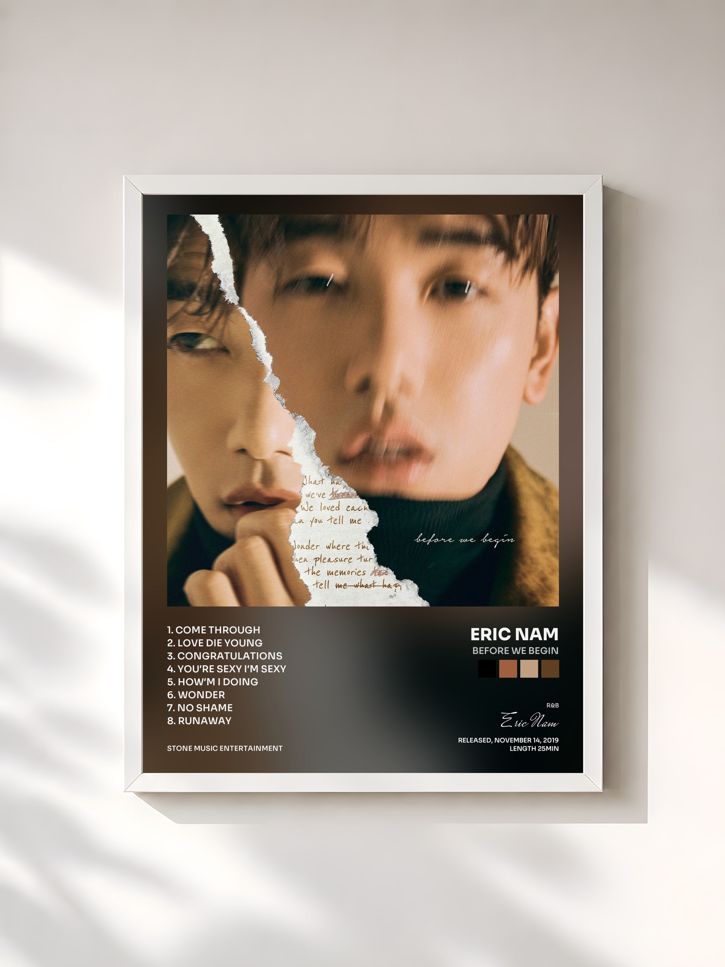 #blanc Tableau de l'album Before We Begin de Eric Nam, cadre blanc, imprimé et encadré en France