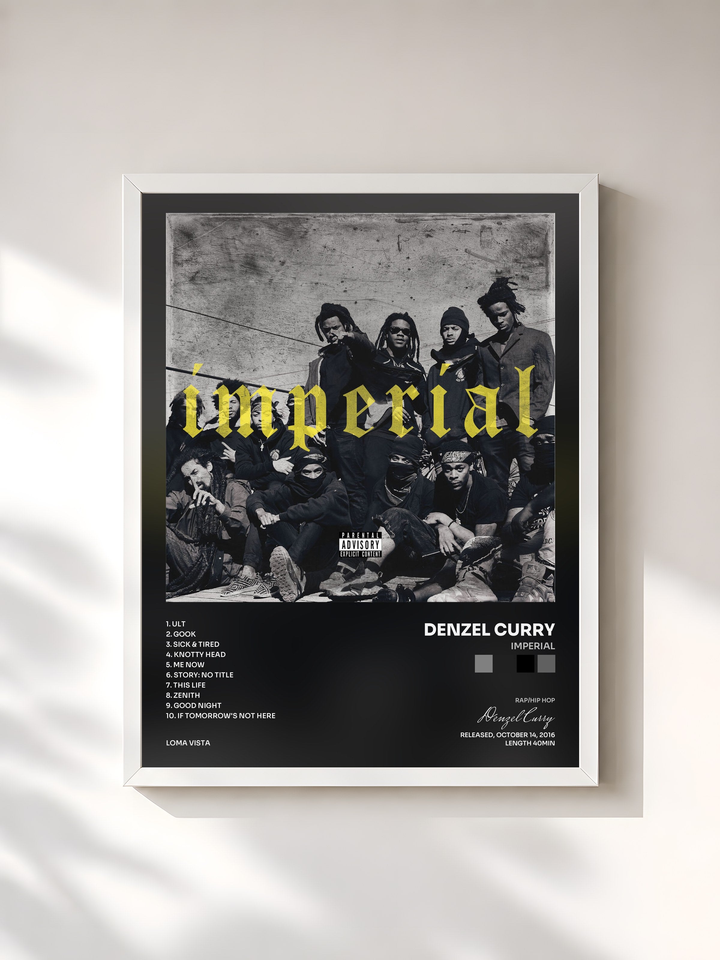 #blanc Tableau de l'album Imperial de Denzel Curry, cadre blanc, imprimé et encadré en France