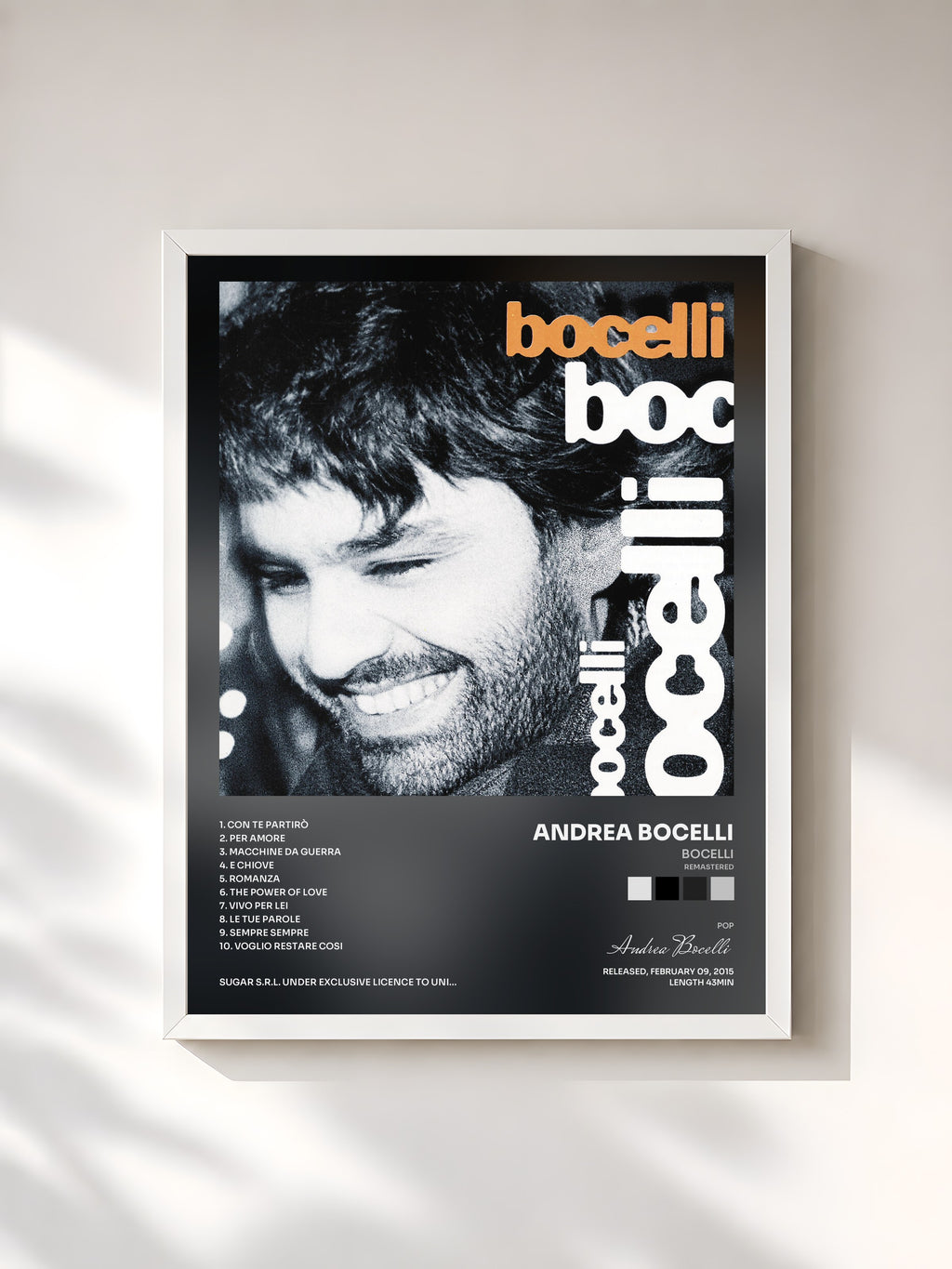 #blanc Tableau de l'album Bocelli (Remastered) de Andrea Bocelli, cadre blanc, imprimé et encadré en France