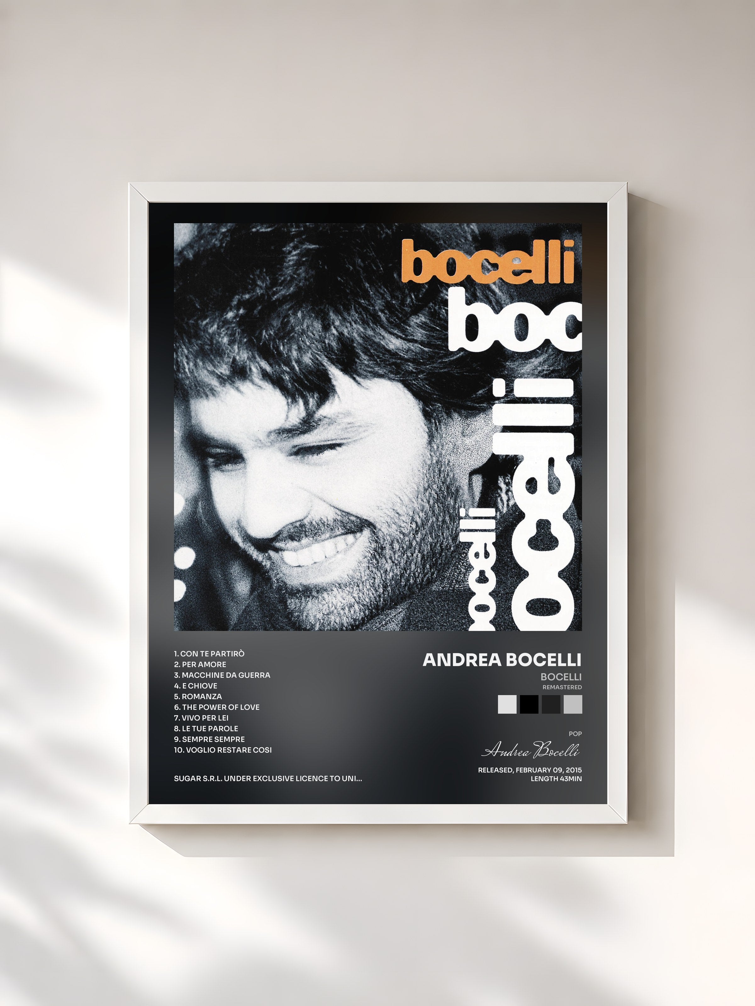 #blanc Tableau de l'album Bocelli (Remastered) de Andrea Bocelli, cadre blanc, imprimé et encadré en France