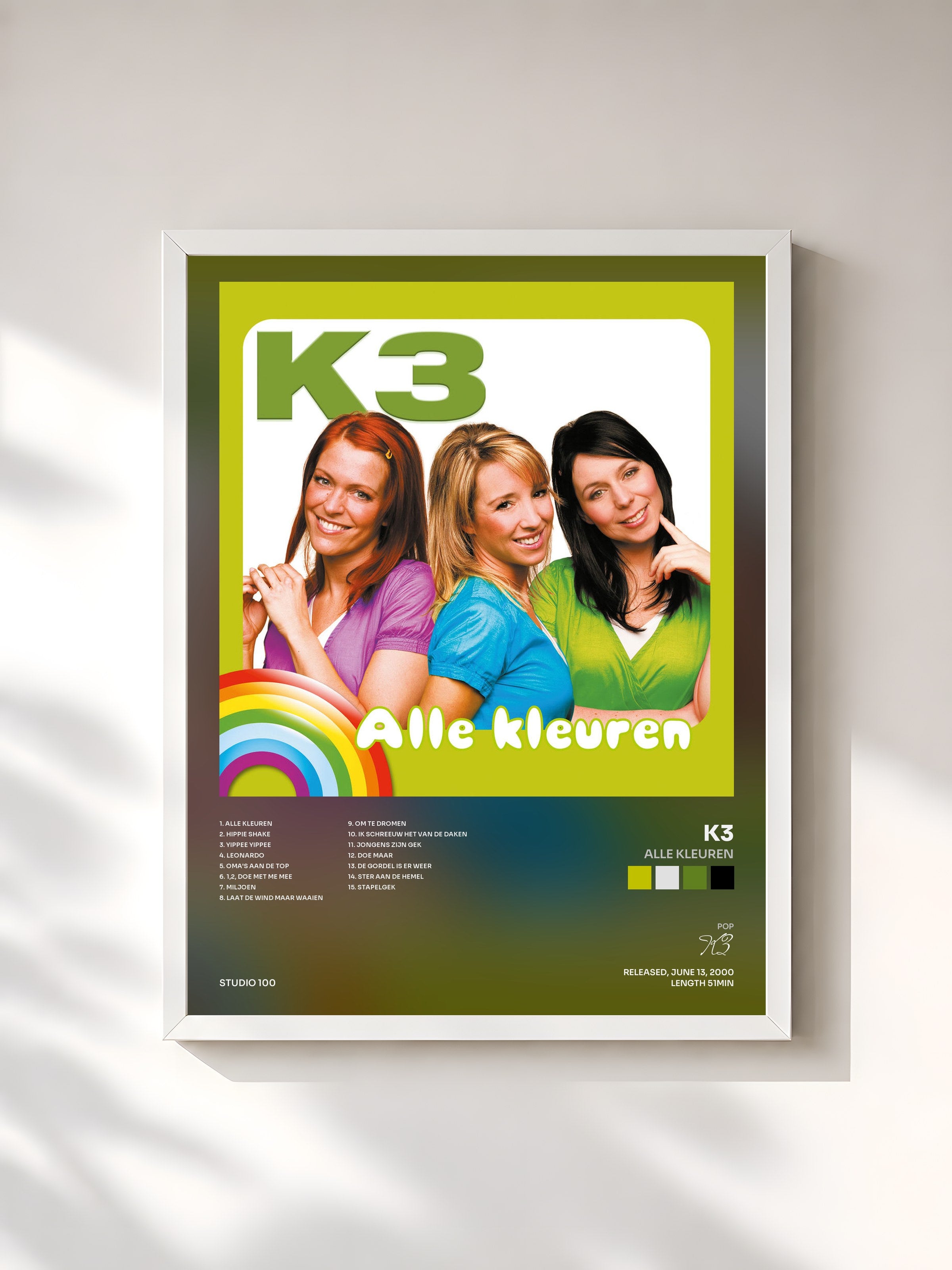 #blanc Tableau de l'album Alle Kleuren de K3, cadre blanc, imprimé et encadré en France