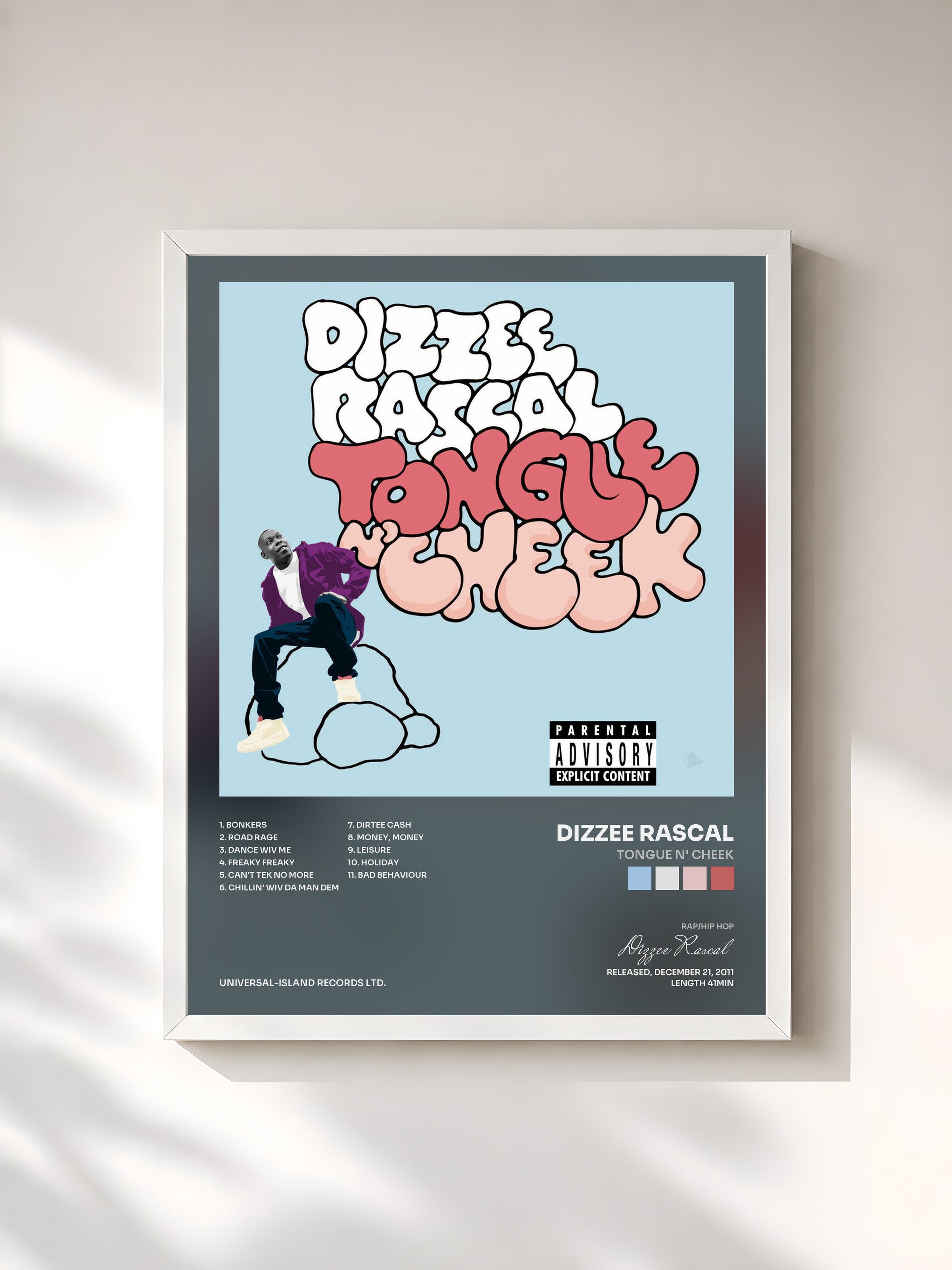 #blanc Tableau de l'album Tongue N' Cheek de Dizzee Rascal, cadre blanc, imprimé et encadré en France