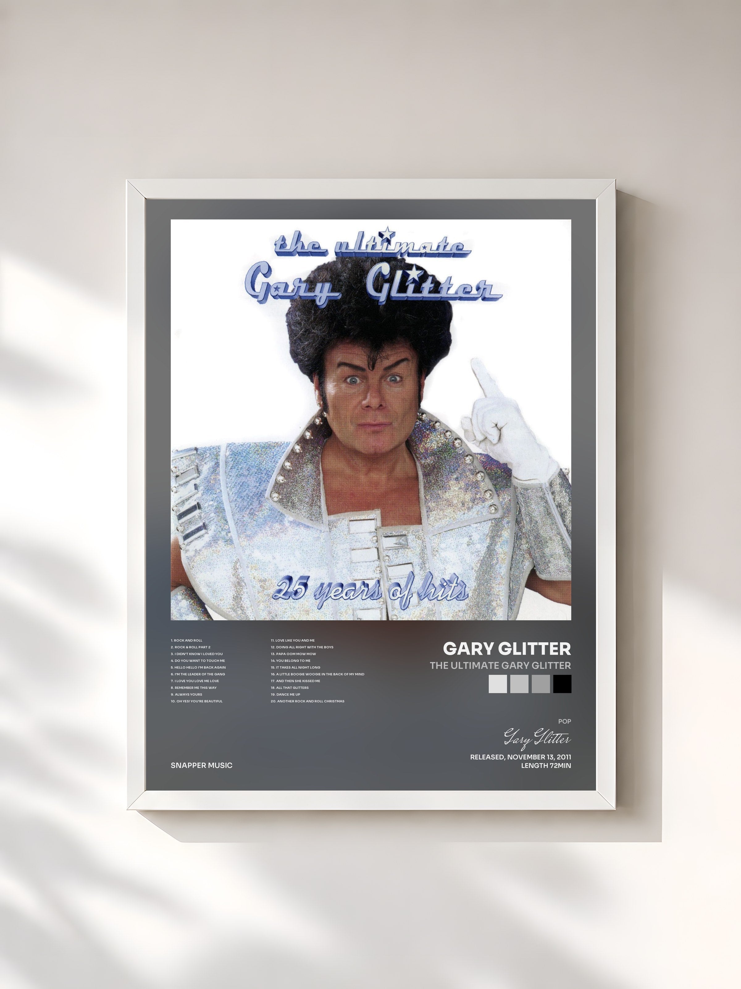 #blanc Tableau de l'album The Ultimate Gary Glitter de Gary Glitter, cadre blanc, imprimé et encadré en France
