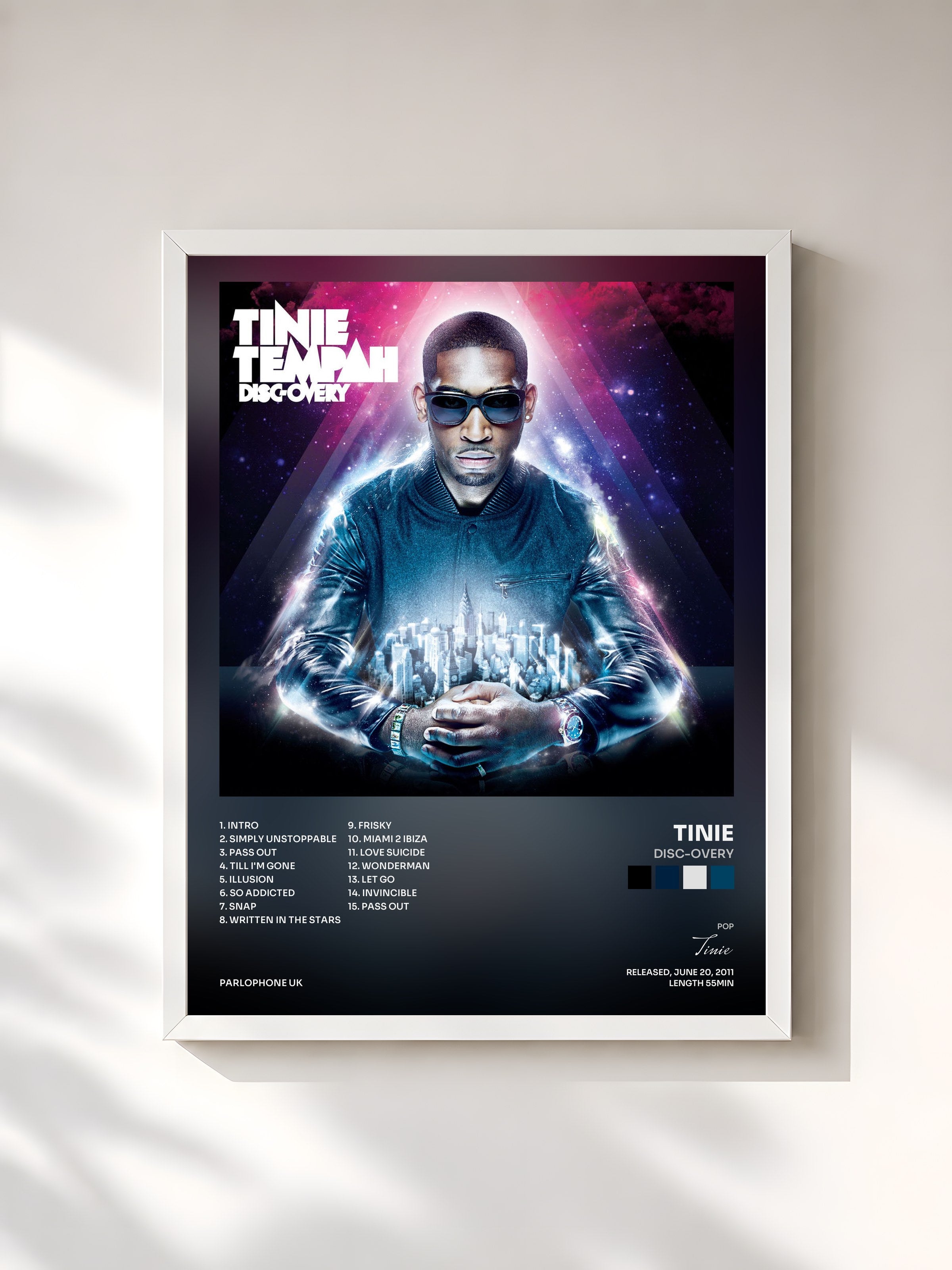 #blanc Tableau de l'album Disc-Overy de Tinie Tempah, cadre blanc, imprimé et encadré en France