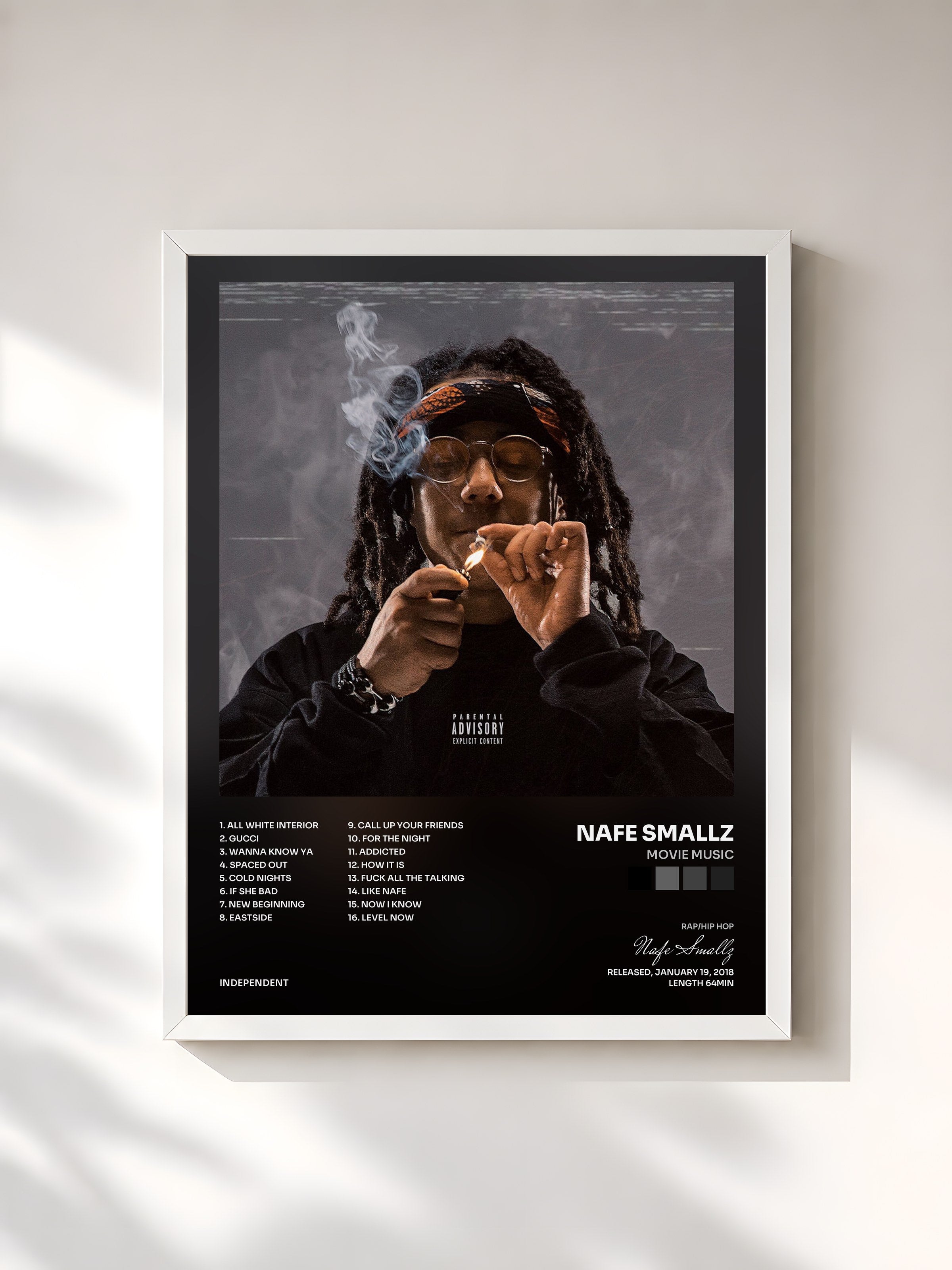 #blanc Tableau de l'album Movie Music de Nafe Smallz, cadre blanc, imprimé et encadré en France