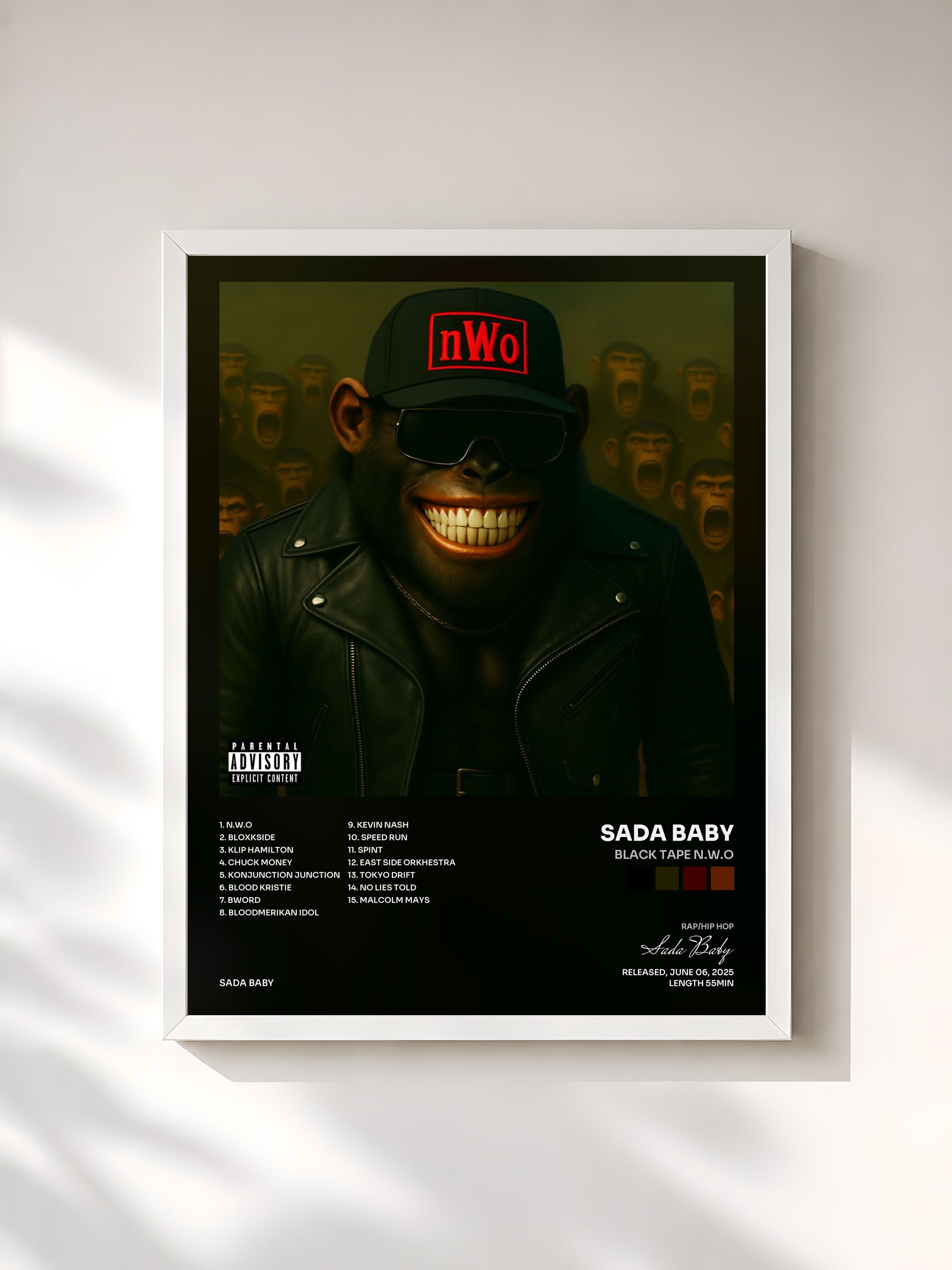 #blanc Tableau de l'album Black Tape N.W.O de Sada Baby, cadre blanc, imprimé et encadré en France