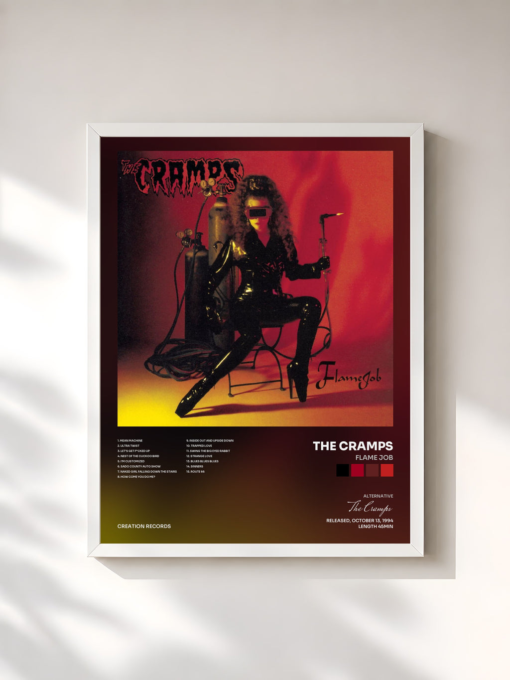 #blanc Tableau de l'album Flame Job de The Cramps, cadre blanc, imprimé et encadré en France