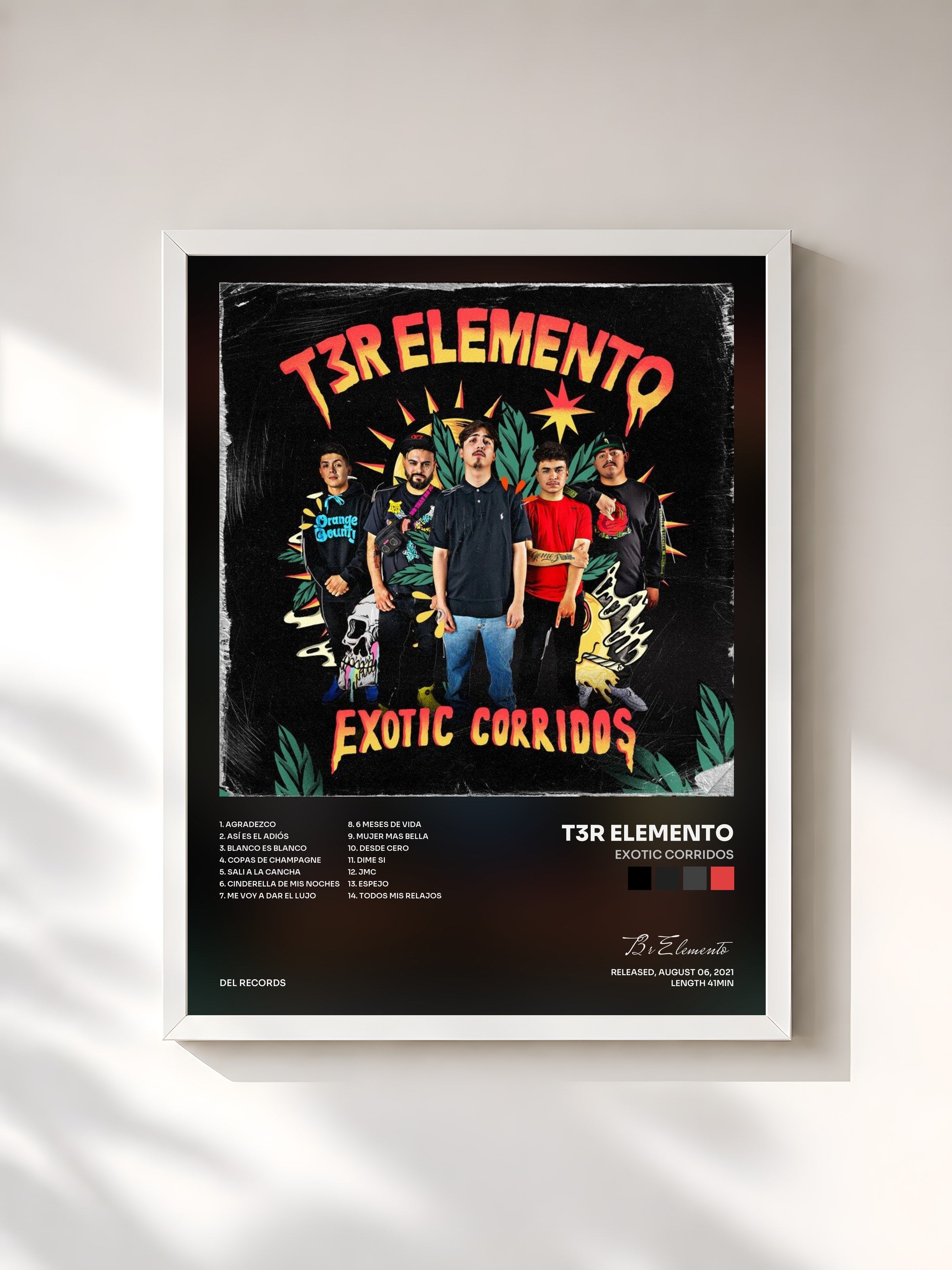 #blanc Tableau de l'album Exotic Corridos de T3r Elemento, cadre blanc, imprimé et encadré en France