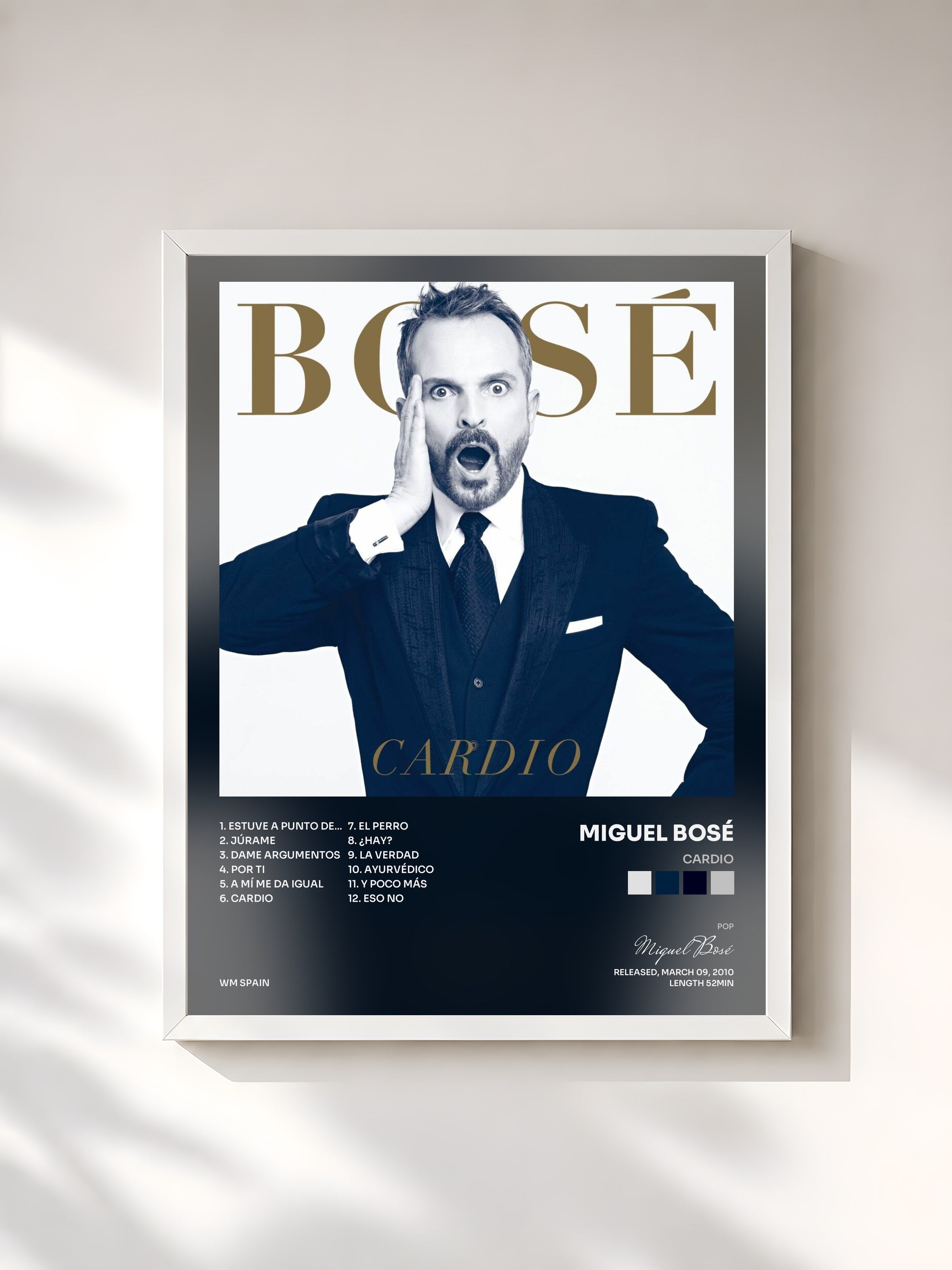 #blanc Tableau de l'album Cardio de Miguel Bosé, cadre blanc, imprimé et encadré en France