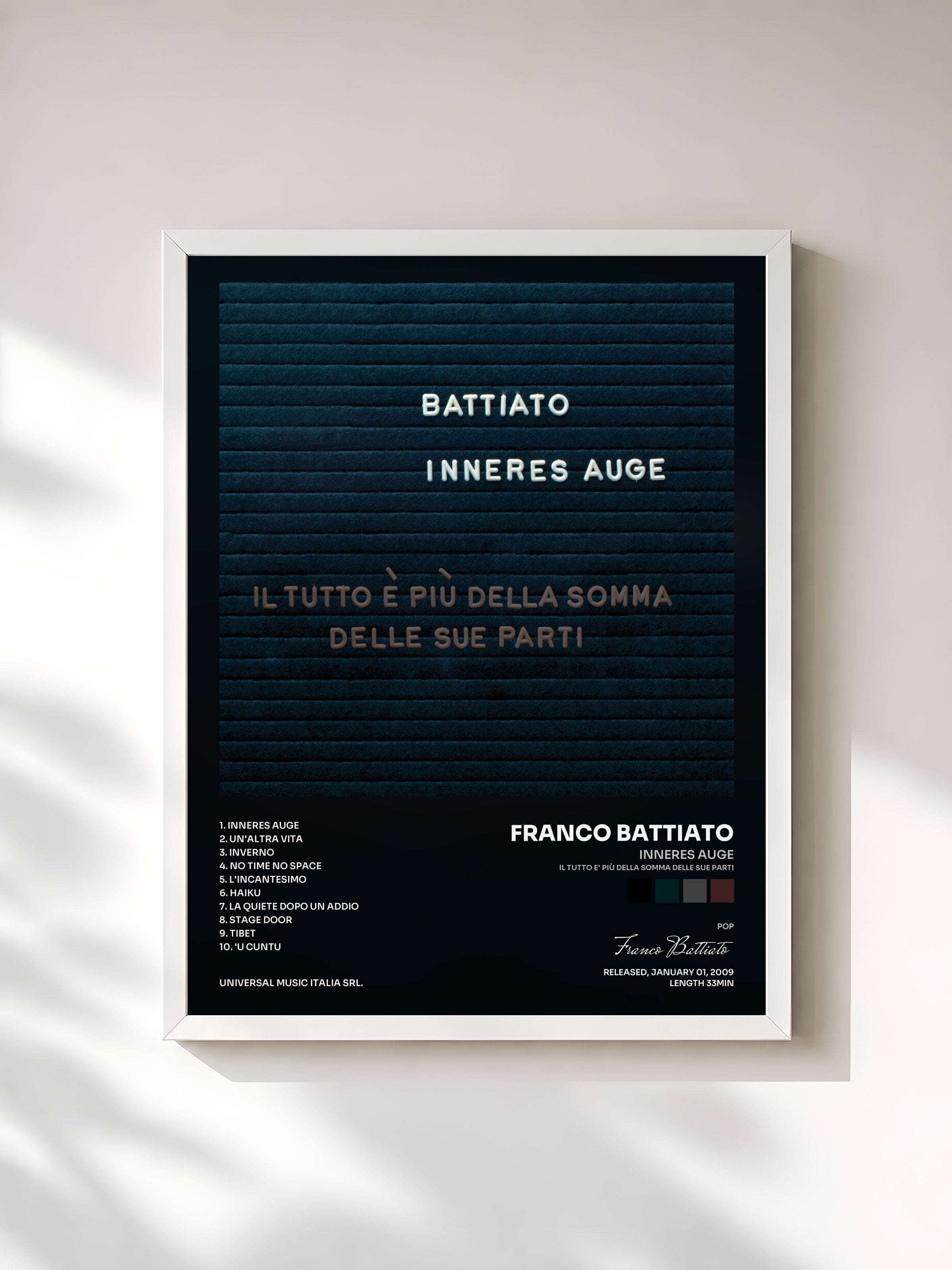 #blanc Tableau de l'album Inneres Auge (Il Tutto E' Più Della Somma Delle Sue Parti) de Franco Battiato, cadre blanc, imprimé et encadré en France