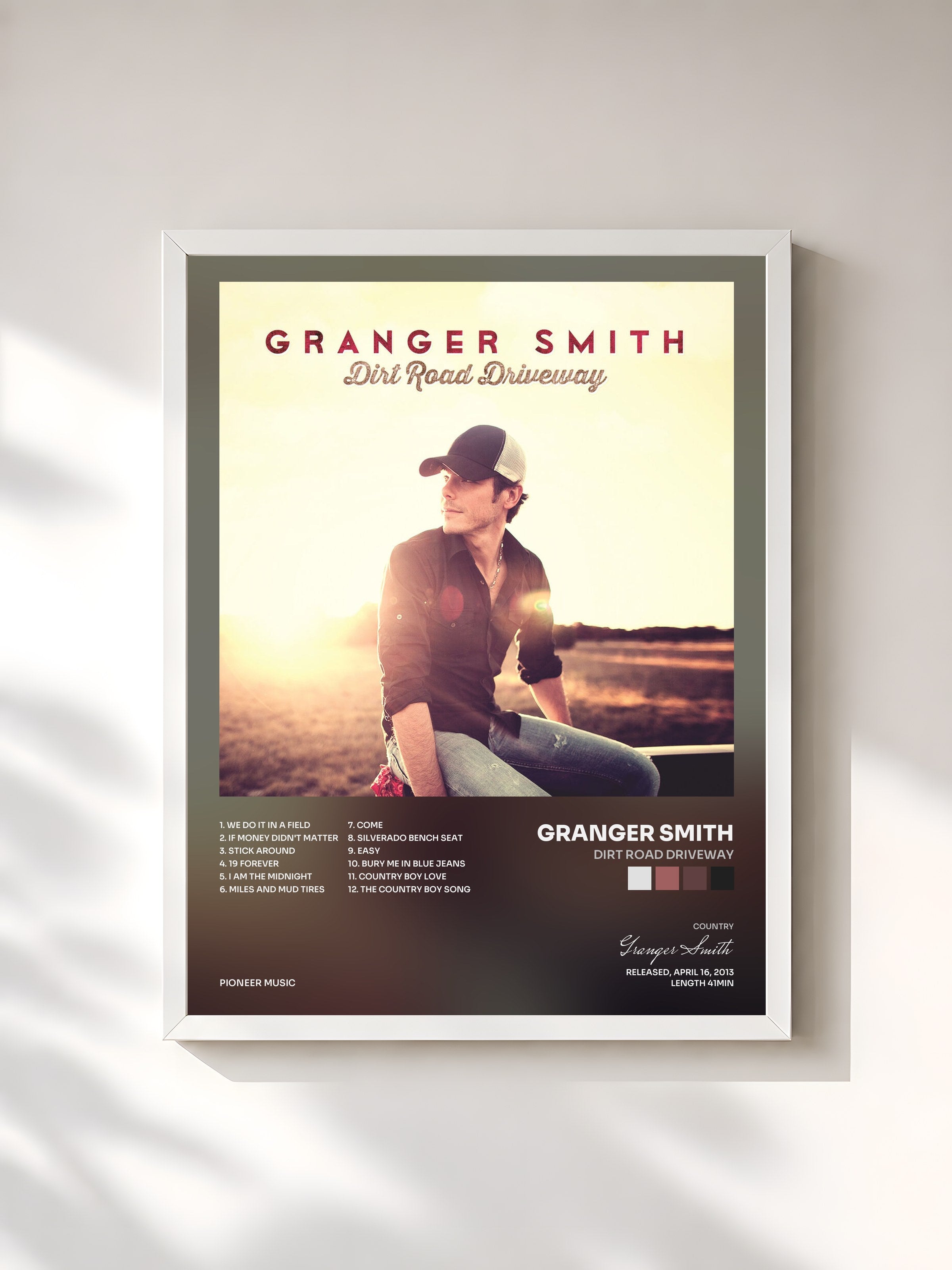 #blanc Tableau de l'album Dirt Road Driveway de Granger Smith, cadre blanc, imprimé et encadré en France