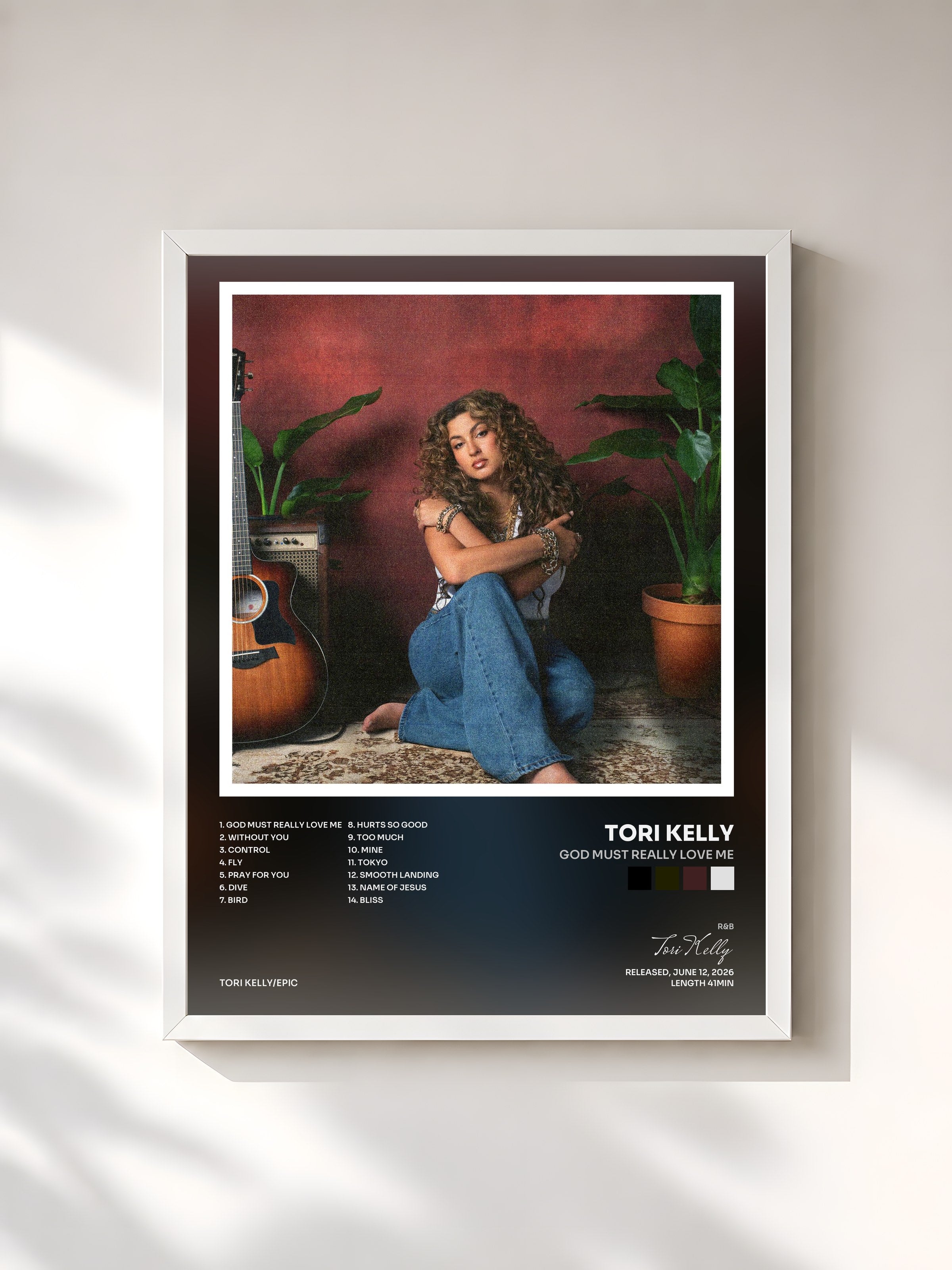#blanc Tableau de l'album God Must Really Love Me de Tori Kelly, cadre blanc, imprimé et encadré en France