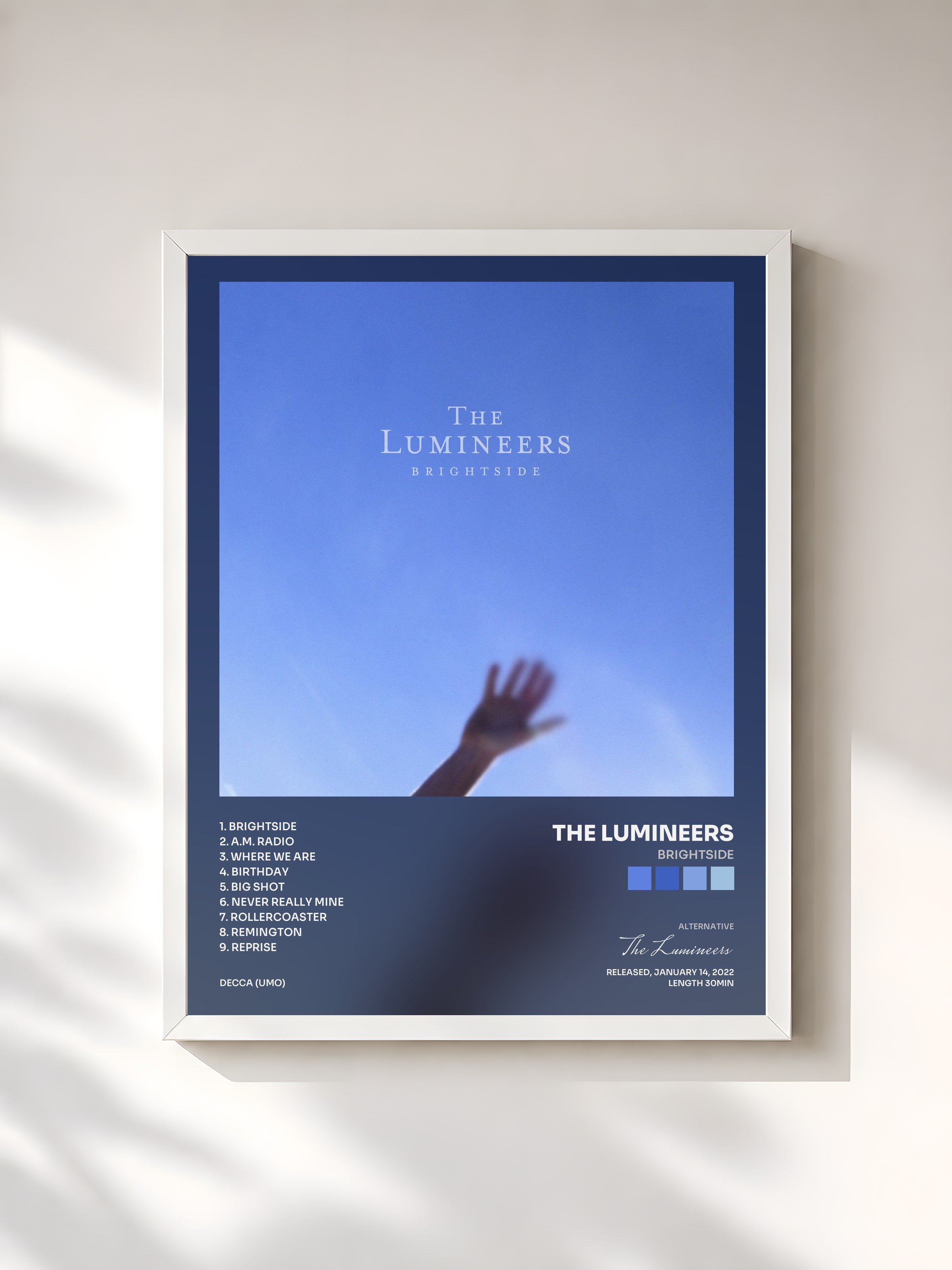 #blanc Tableau de l'album BRIGHTSIDE de The Lumineers, cadre blanc, imprimé et encadré en France