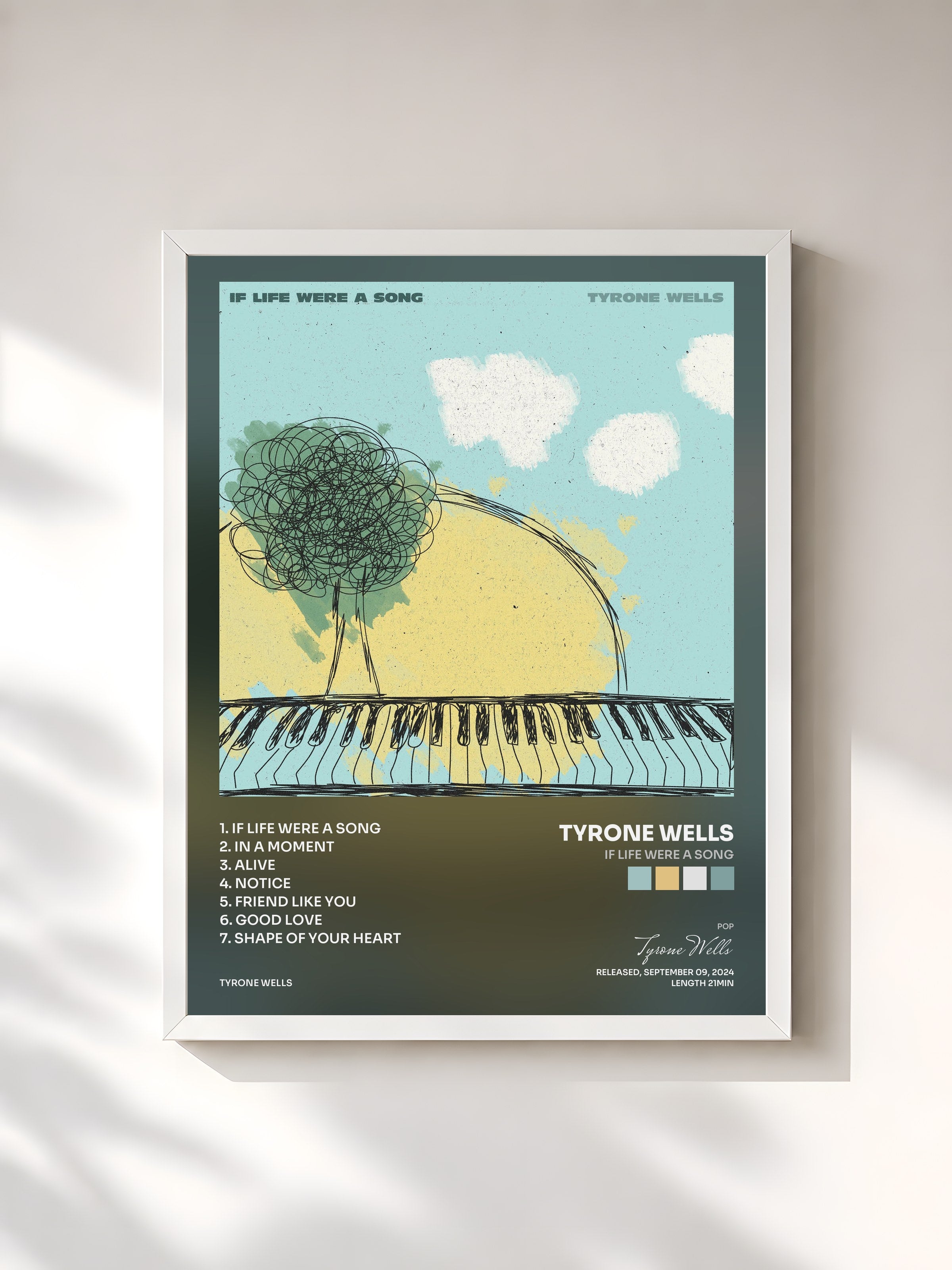 #blanc Tableau de l'album If Life Were a Song de Tyrone Wells, cadre blanc, imprimé et encadré en France