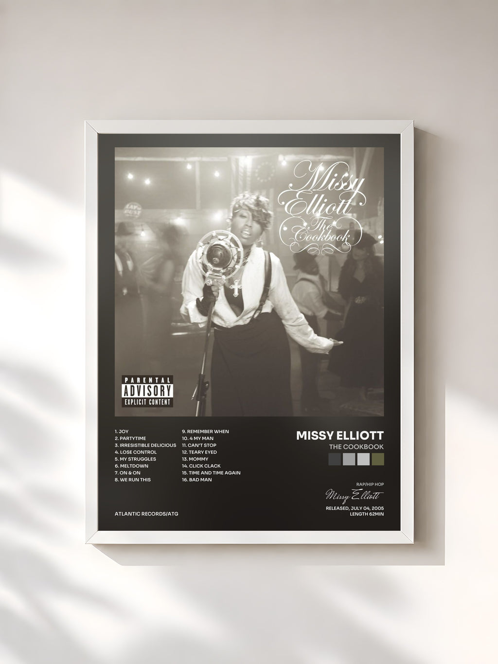 #blanc Tableau de l'album The Cookbook de Missy Elliott, cadre blanc, imprimé et encadré en France