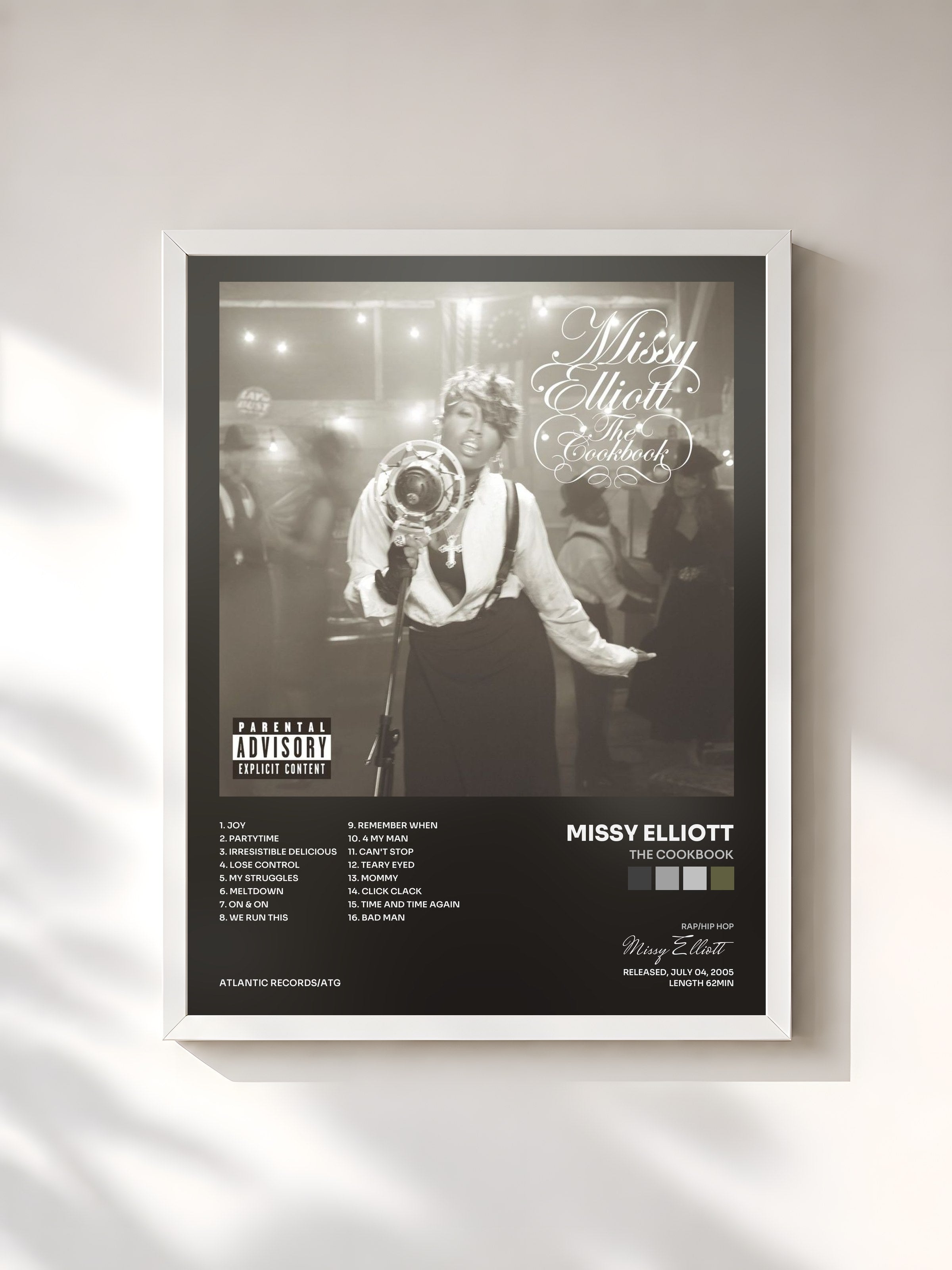 #blanc Tableau de l'album The Cookbook de Missy Elliott, cadre blanc, imprimé et encadré en France