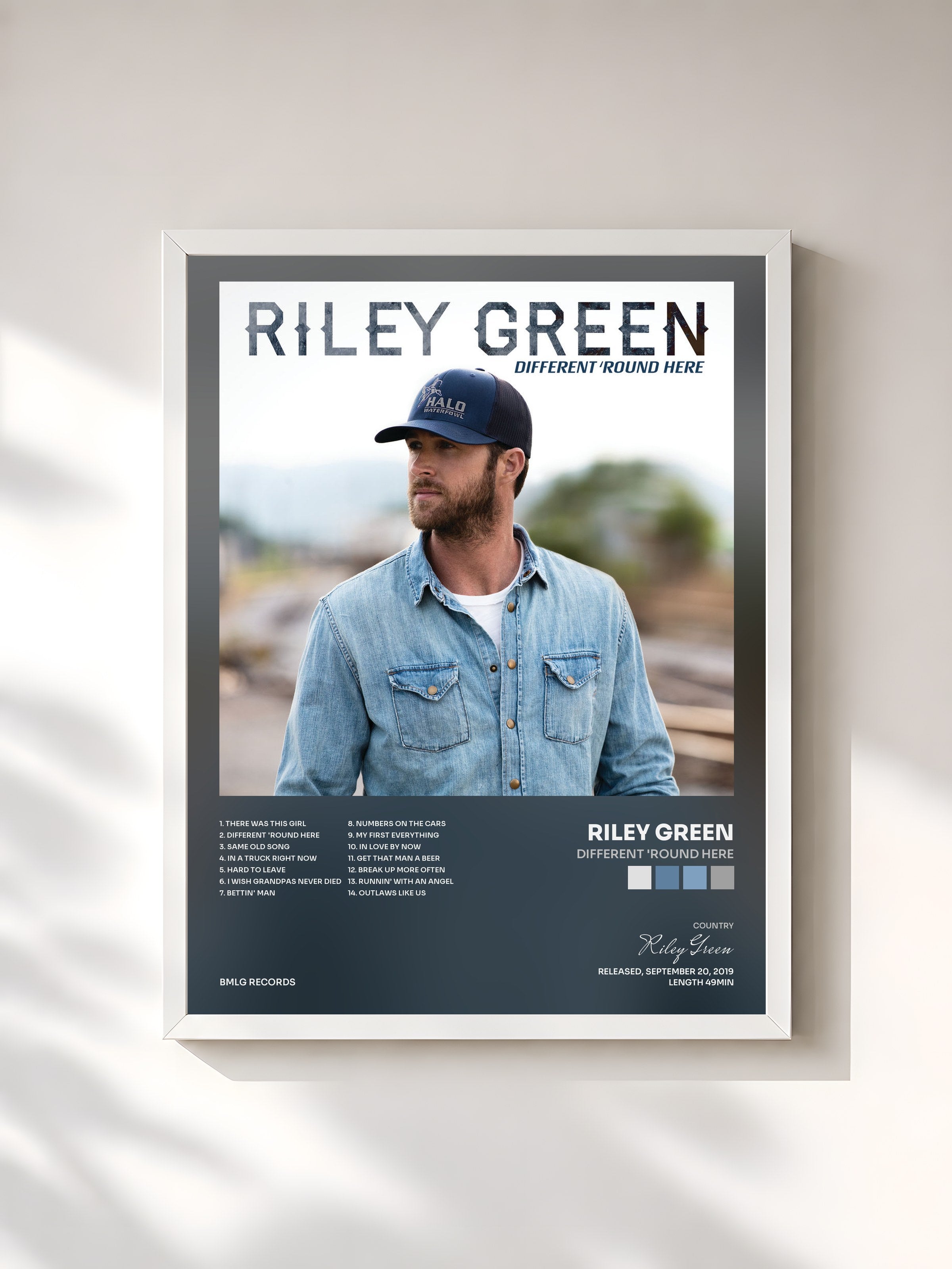 #blanc Tableau de l'album Different 'Round Here de Riley Green, cadre blanc, imprimé et encadré en France