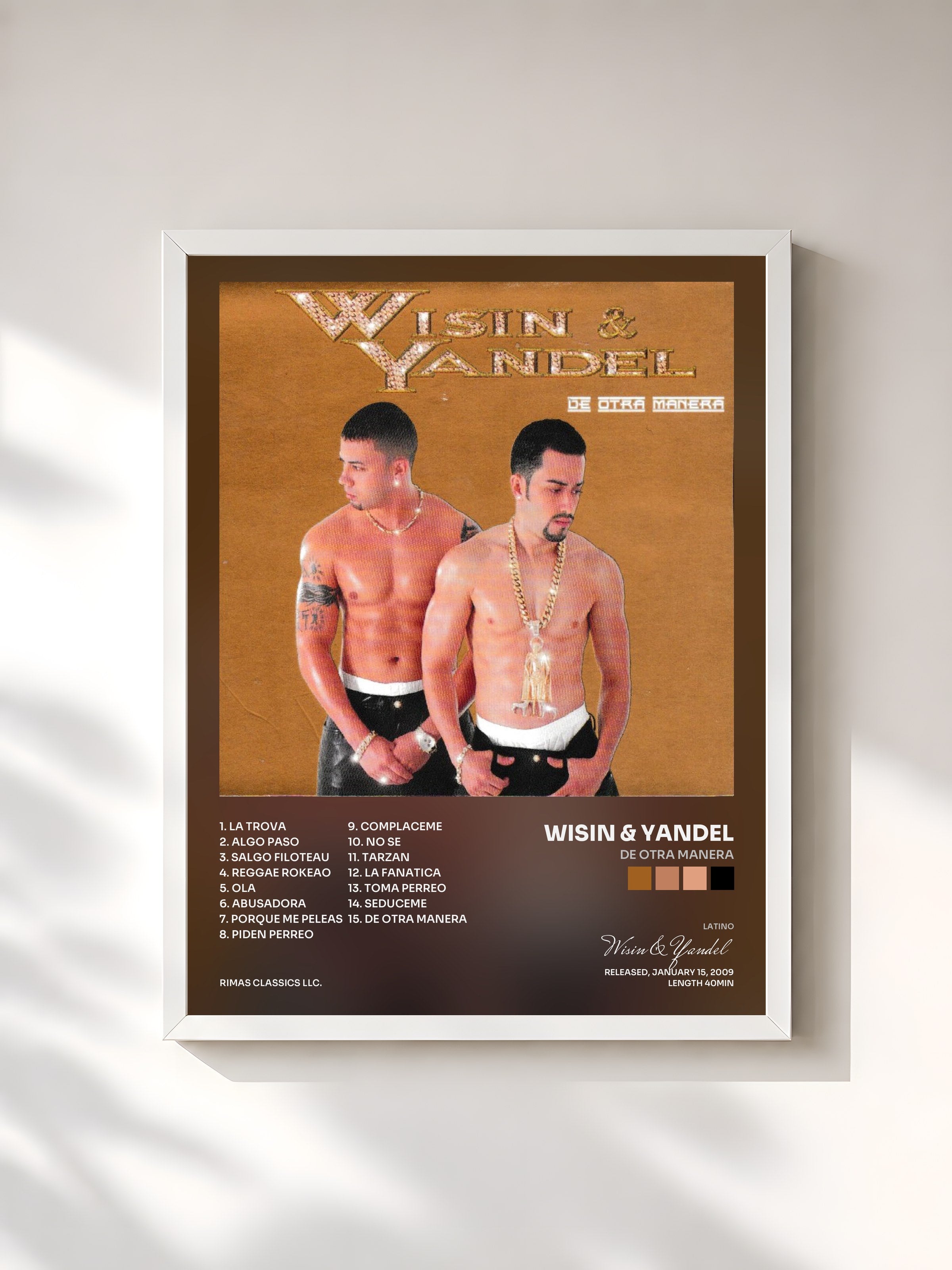 #blanc Tableau de l'album De Otra Manera de Wisin & Yandel, cadre blanc, imprimé et encadré en France
