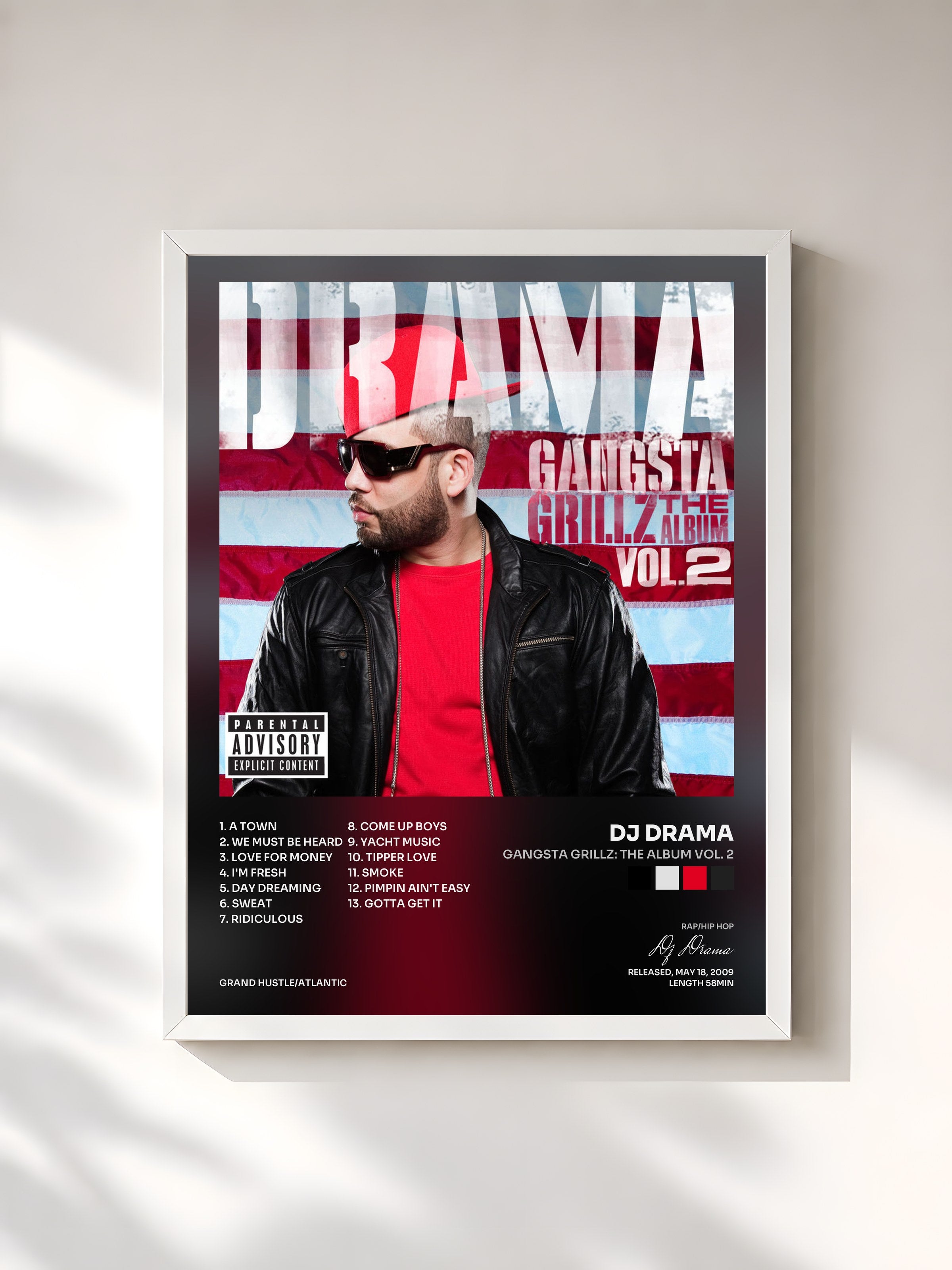 #blanc Tableau de l'album Gangsta Grillz: The Album Vol. 2 de Dj Drama, cadre blanc, imprimé et encadré en France