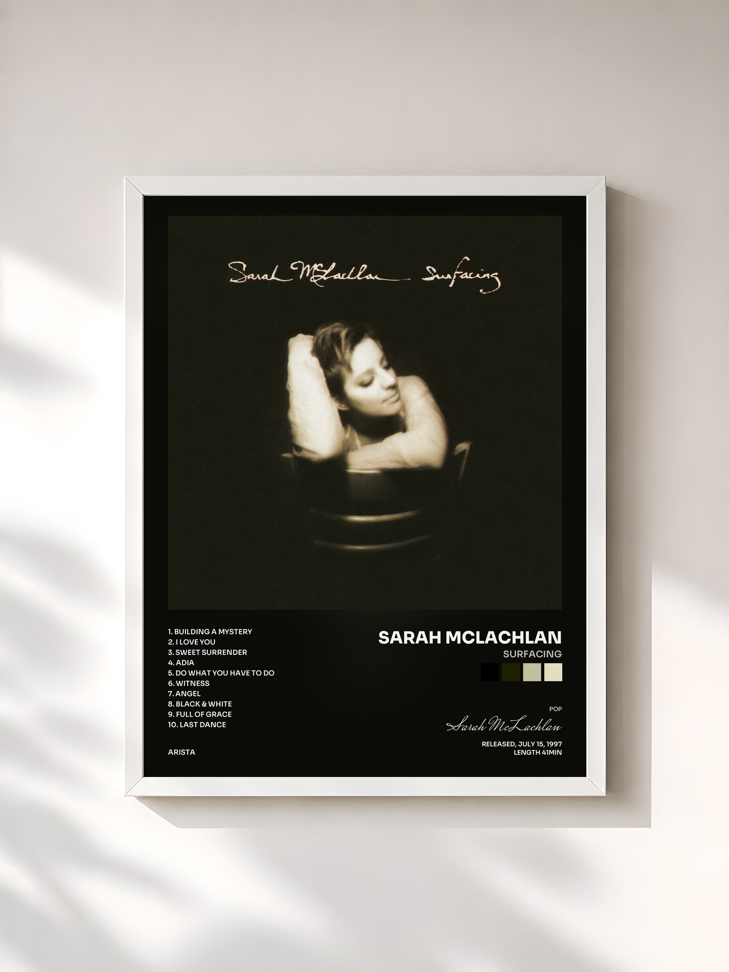 #blanc Tableau de l'album Surfacing de Sarah McLachlan, cadre blanc, imprimé et encadré en France