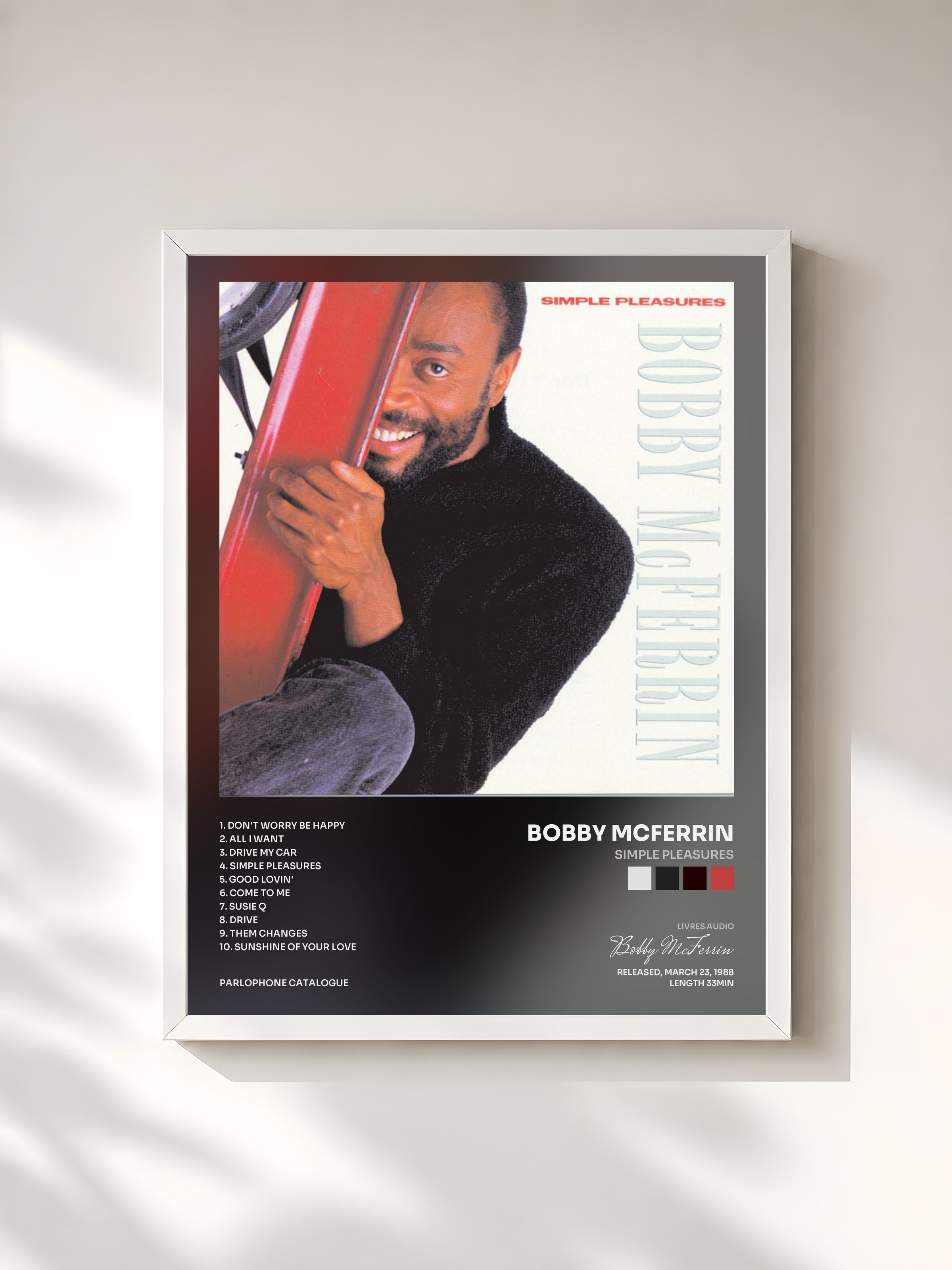 #blanc Tableau de l'album Simple Pleasures de Bobby McFerrin, cadre blanc, imprimé et encadré en France