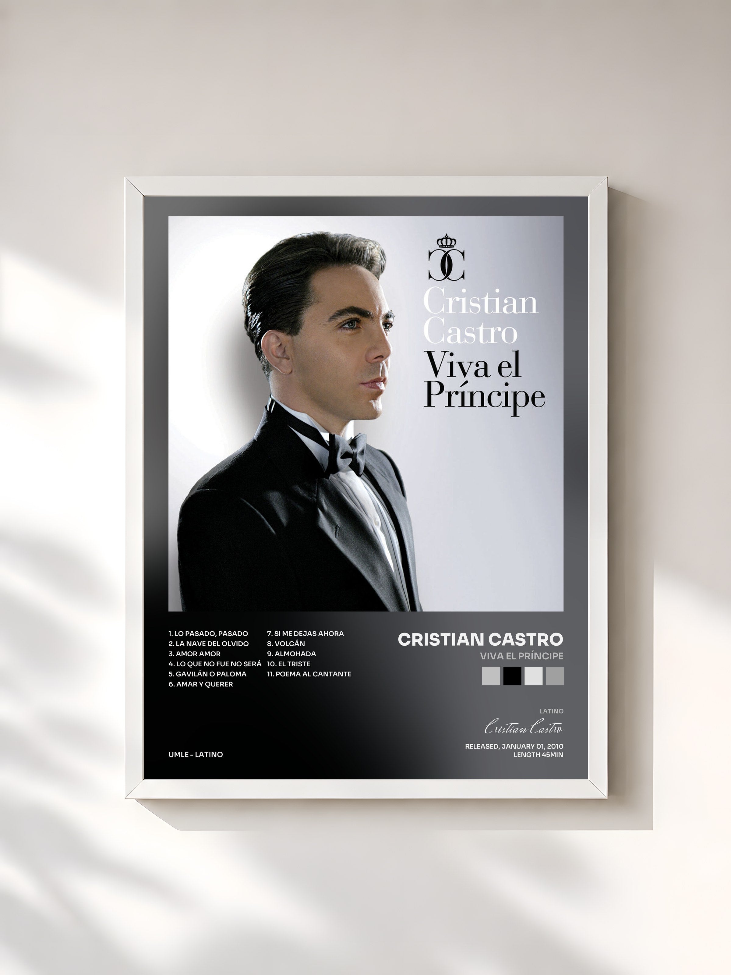 #blanc Tableau de l'album Viva El Príncipe de Cristian Castro, cadre blanc, imprimé et encadré en France