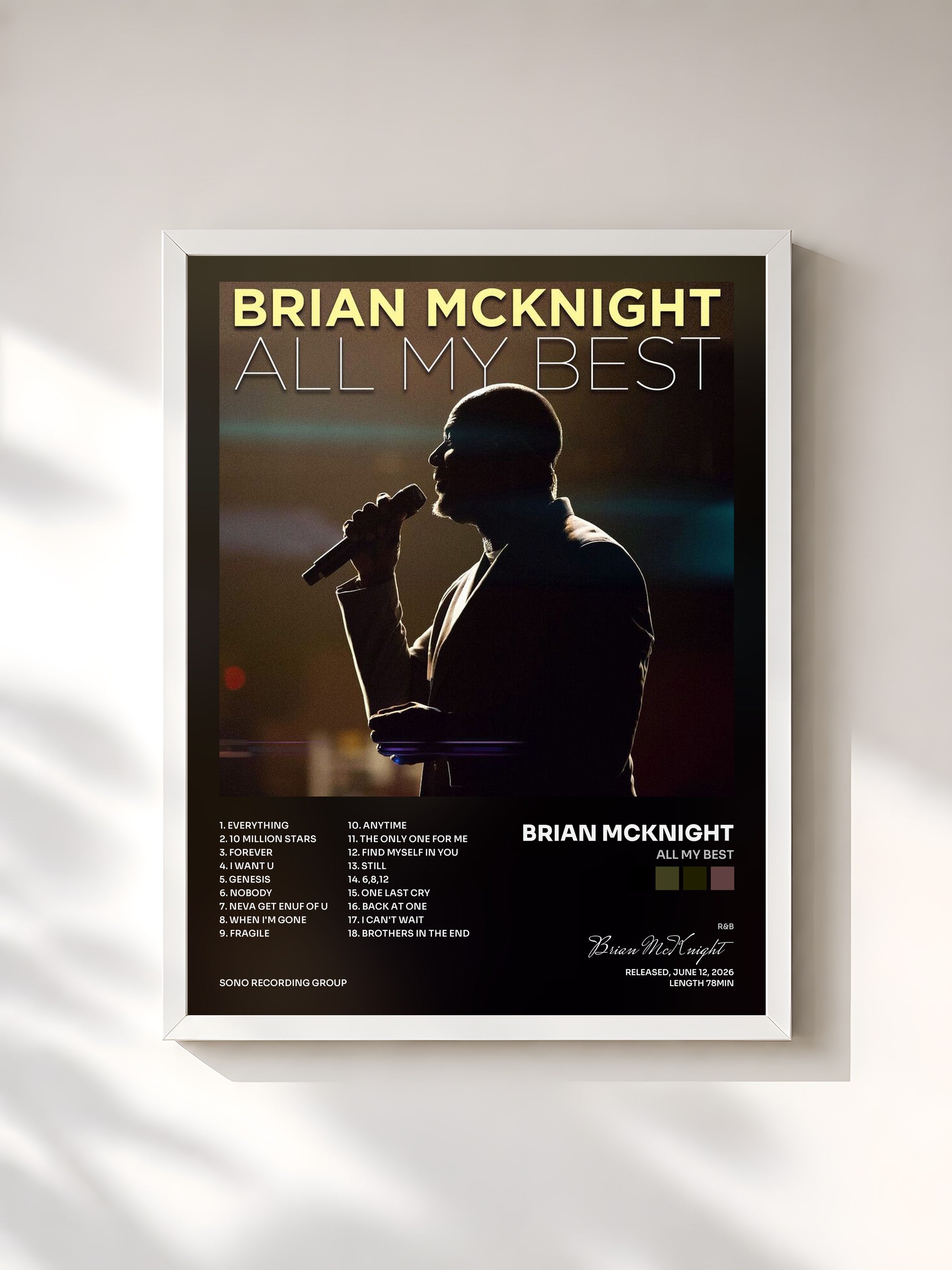 #blanc Tableau de l'album All My Best de Brian McKnight, cadre blanc, imprimé et encadré en France