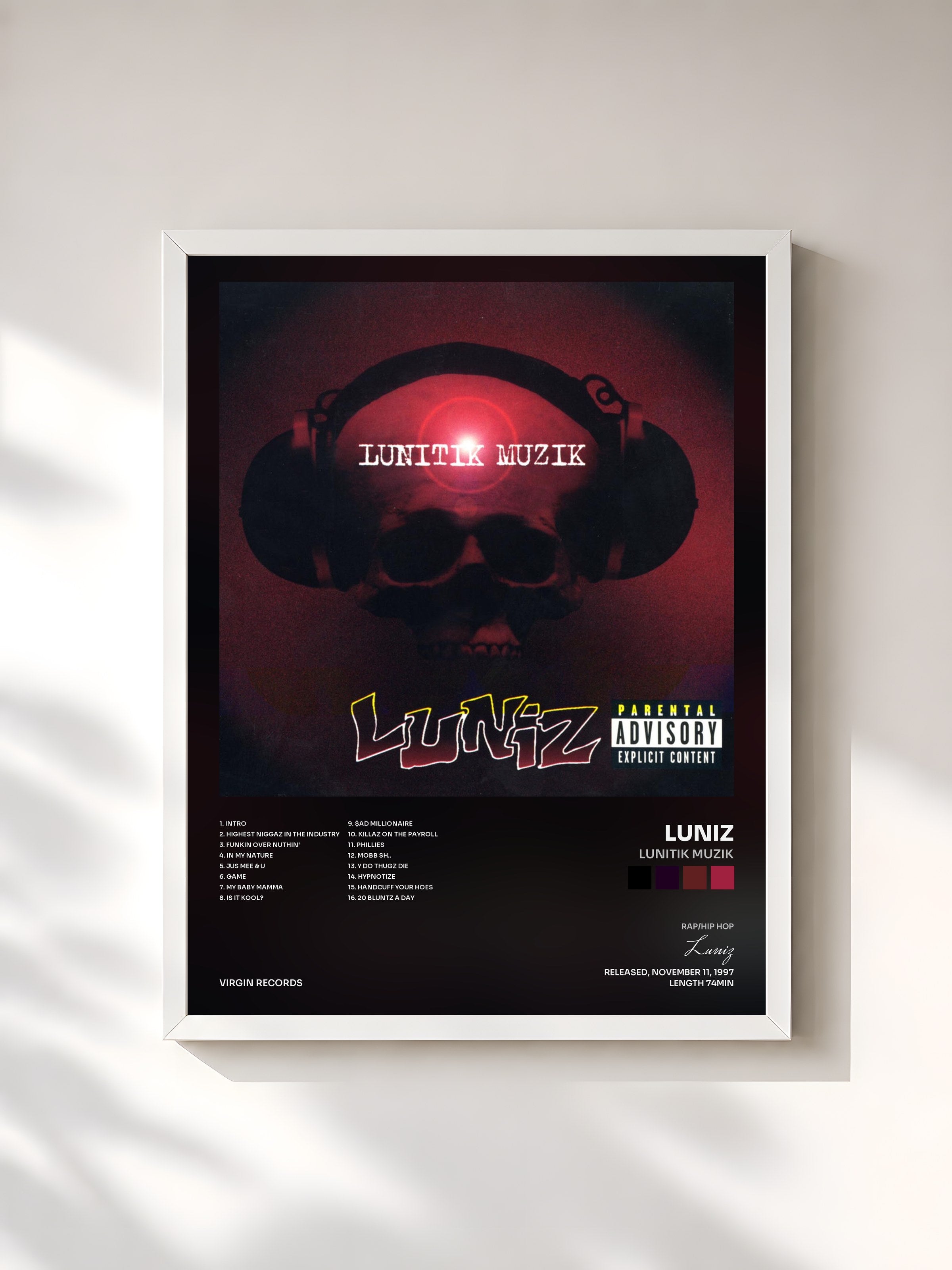 #blanc Tableau de l'album Lunitik Muzik de Luniz, cadre blanc, imprimé et encadré en France