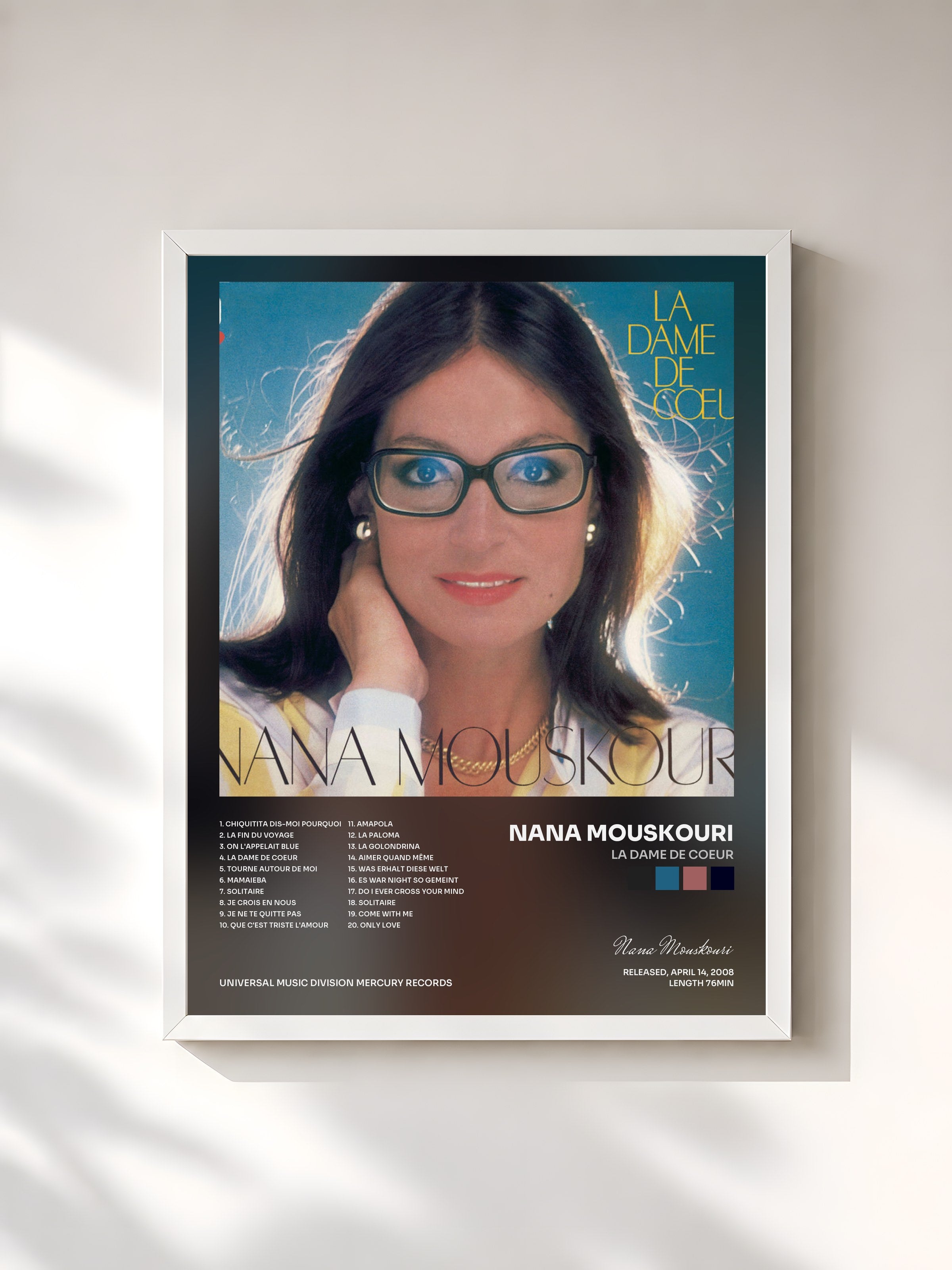#blanc Tableau de l'album La Dame De Coeur de Nana Mouskouri, cadre blanc, imprimé et encadré en France