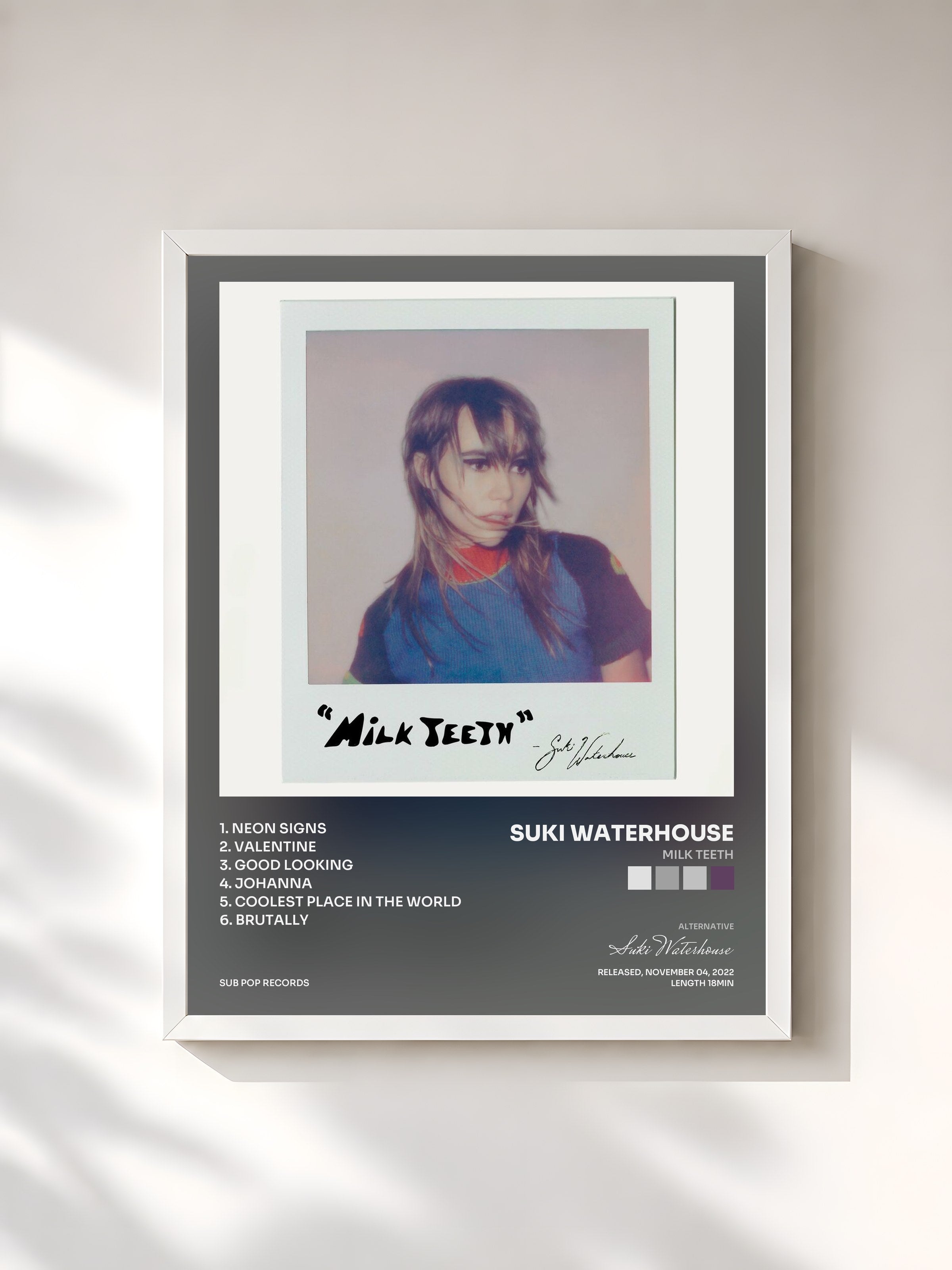 #blanc Tableau de l'album Milk Teeth de Suki Waterhouse, cadre blanc, imprimé et encadré en France