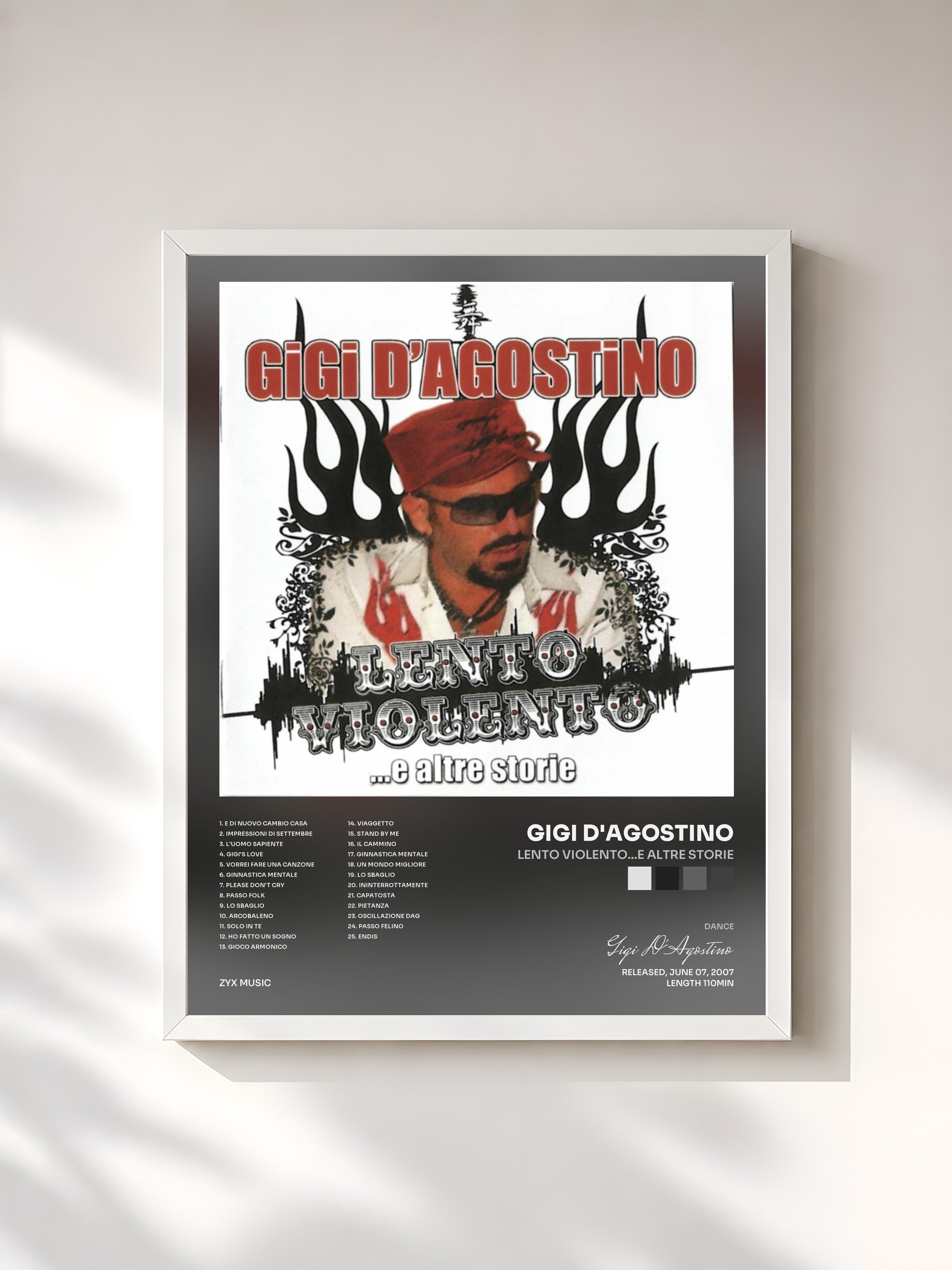 #blanc Tableau de l'album Lento Violento...e altre storie de Gigi D'Agostino, cadre blanc, imprimé et encadré en France