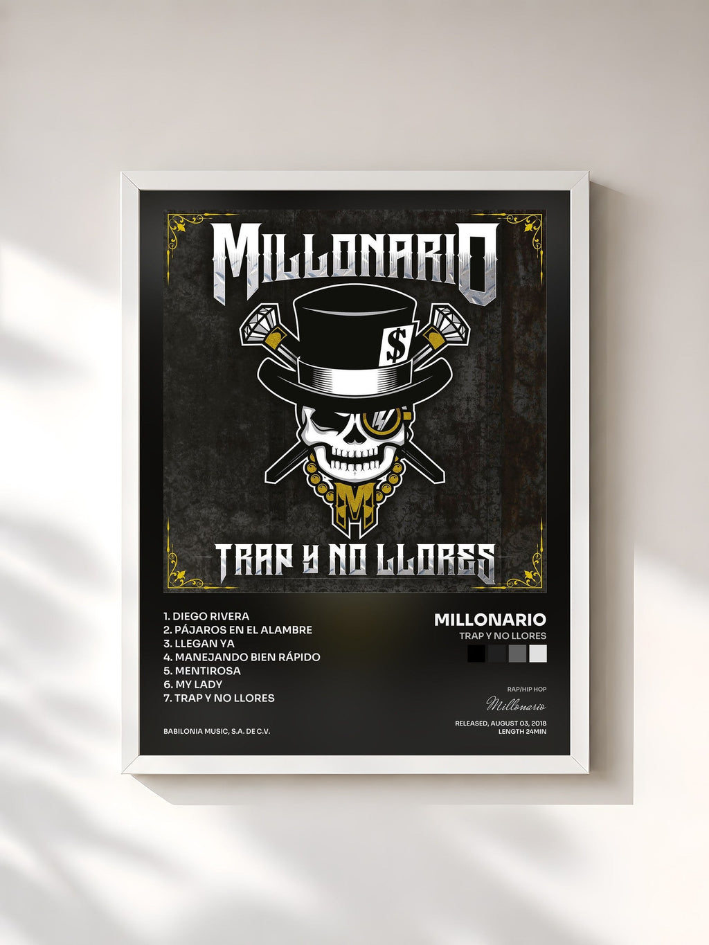 #blanc Trap y No Llores by Millonario as a framed art print, white frame, printed and framed in France