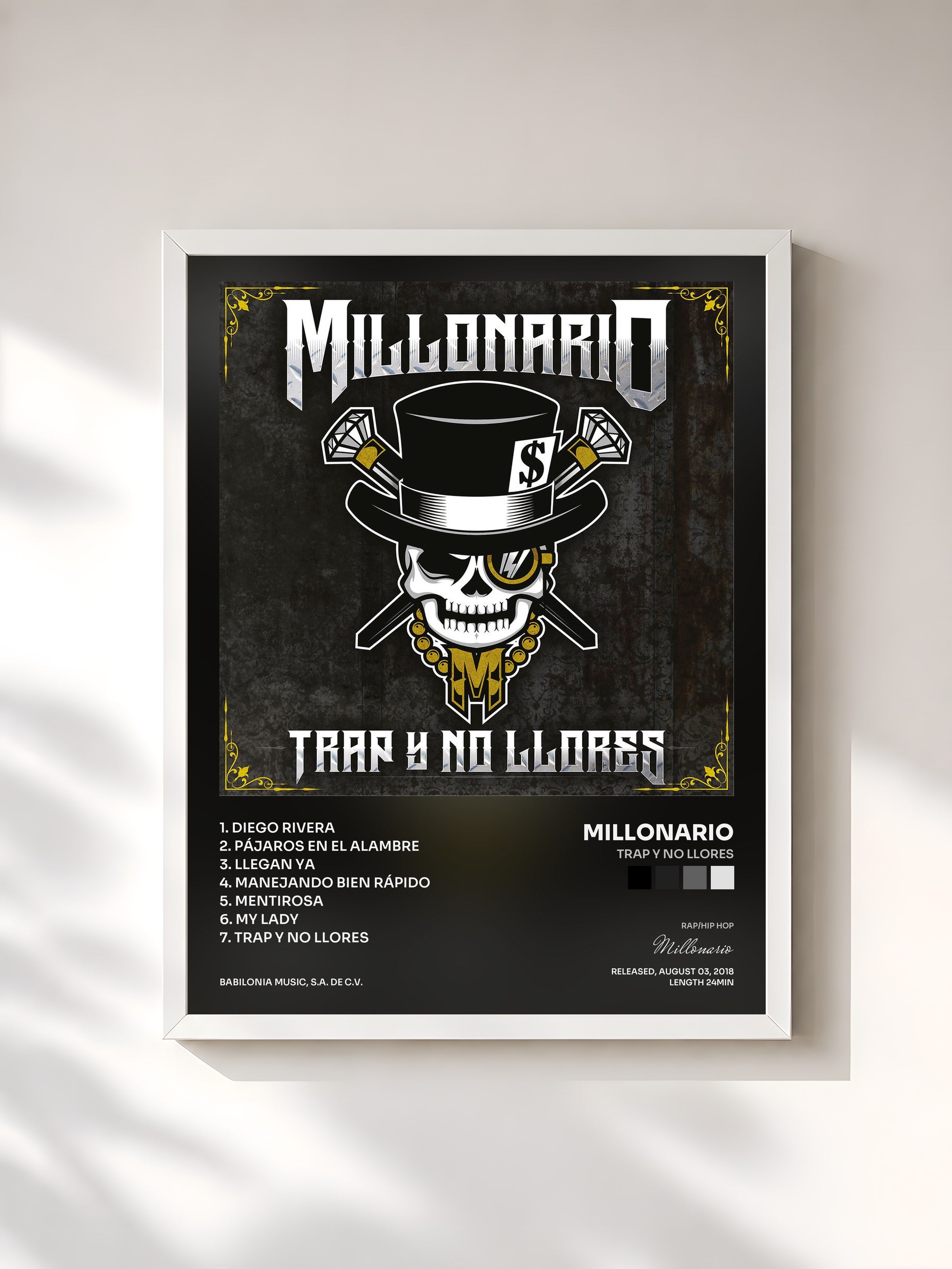 #blanc Tableau de l'album Trap y No Llores de Millonario, cadre blanc, imprimé et encadré en France