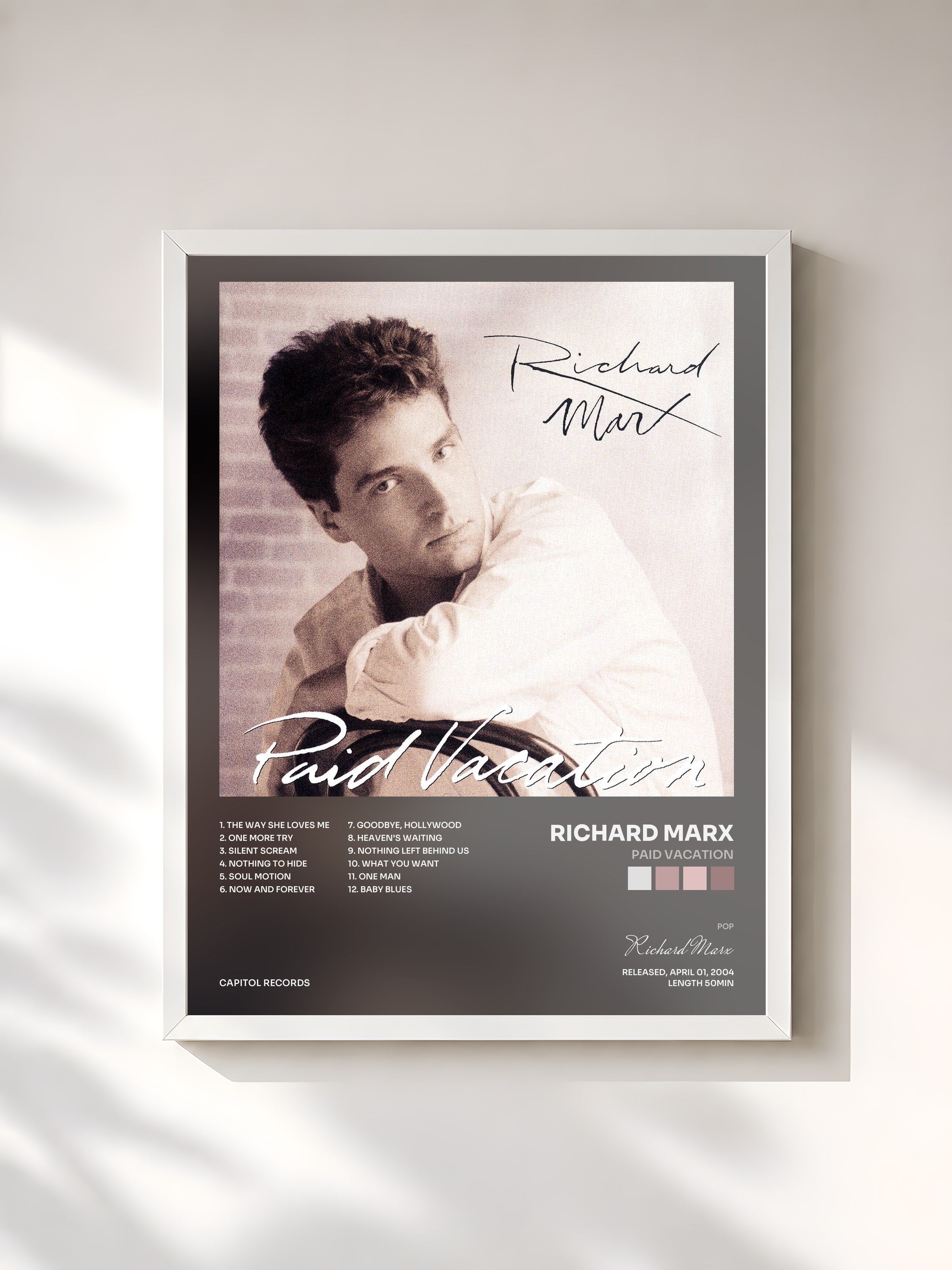 #blanc Tableau de l'album Paid Vacation de Richard Marx, cadre blanc, imprimé et encadré en France