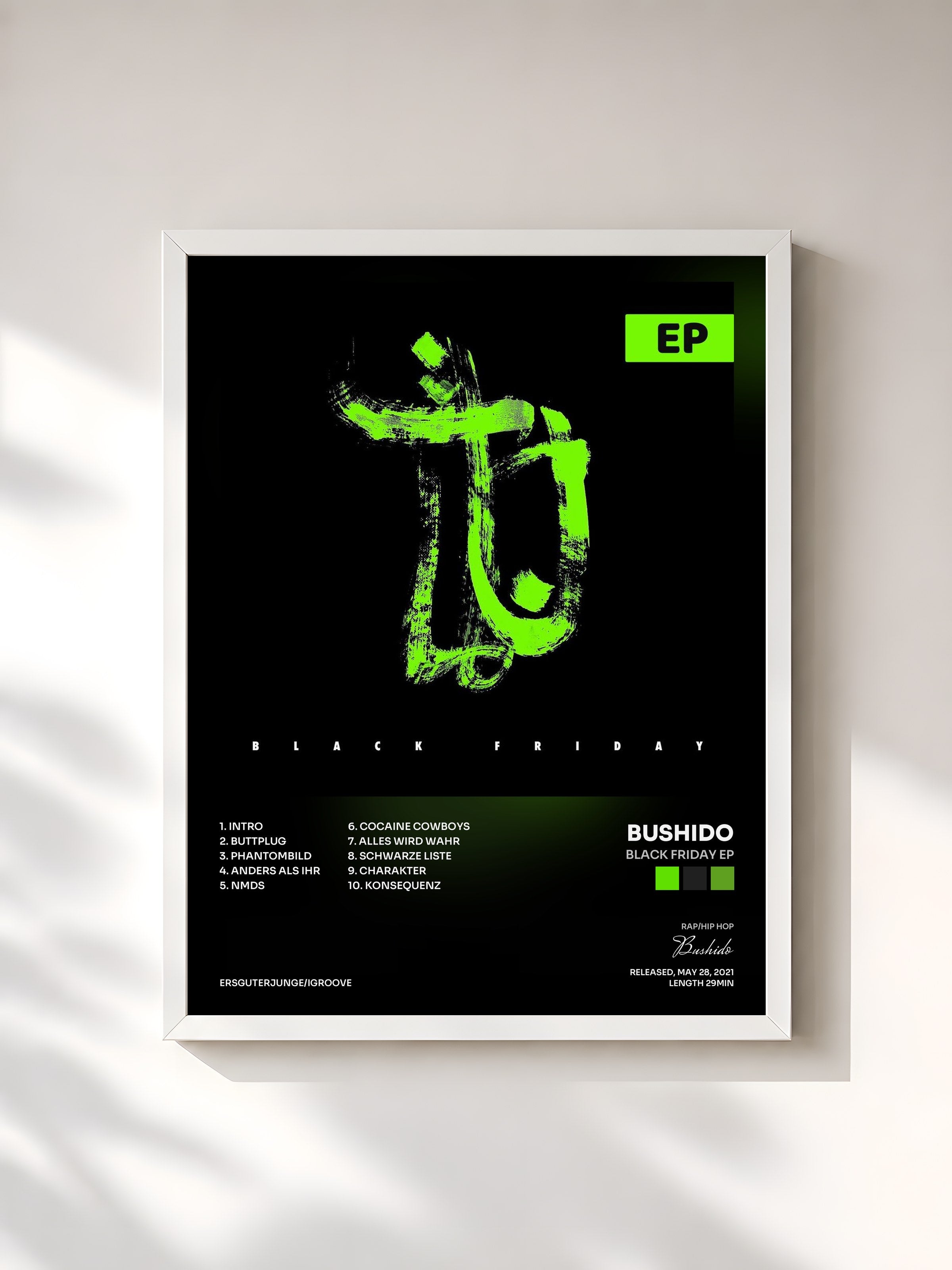 #blanc Tableau de l'album Black Friday EP de Bushido, cadre blanc, imprimé et encadré en France