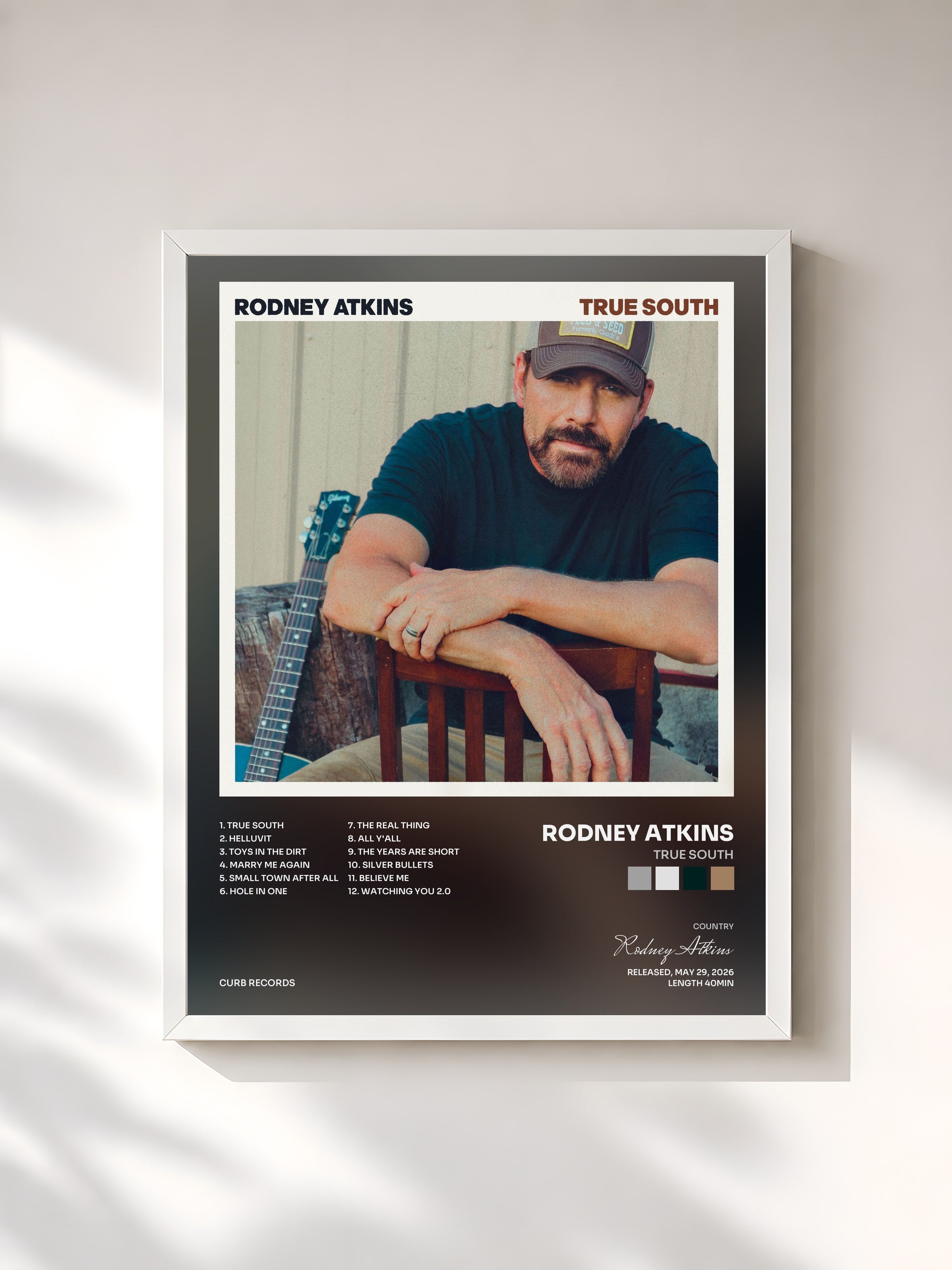 #blanc Tableau de l'album True South de Rodney Atkins, cadre blanc, imprimé et encadré en France