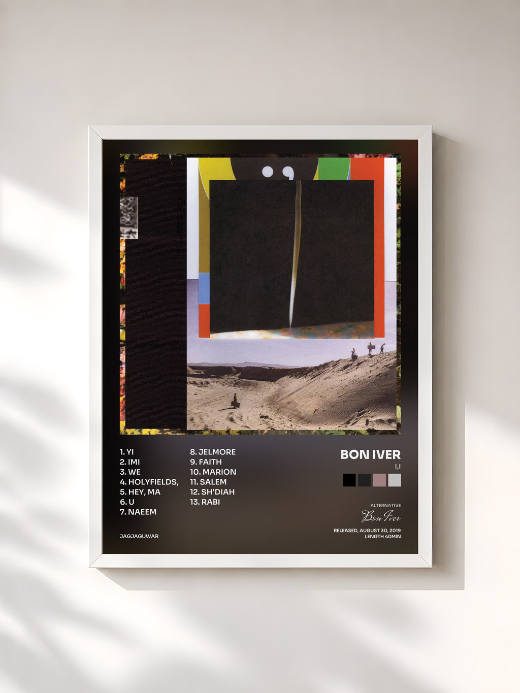 #blanc Tableau de l'album i,i de Bon Iver, cadre blanc, imprimé et encadré en France