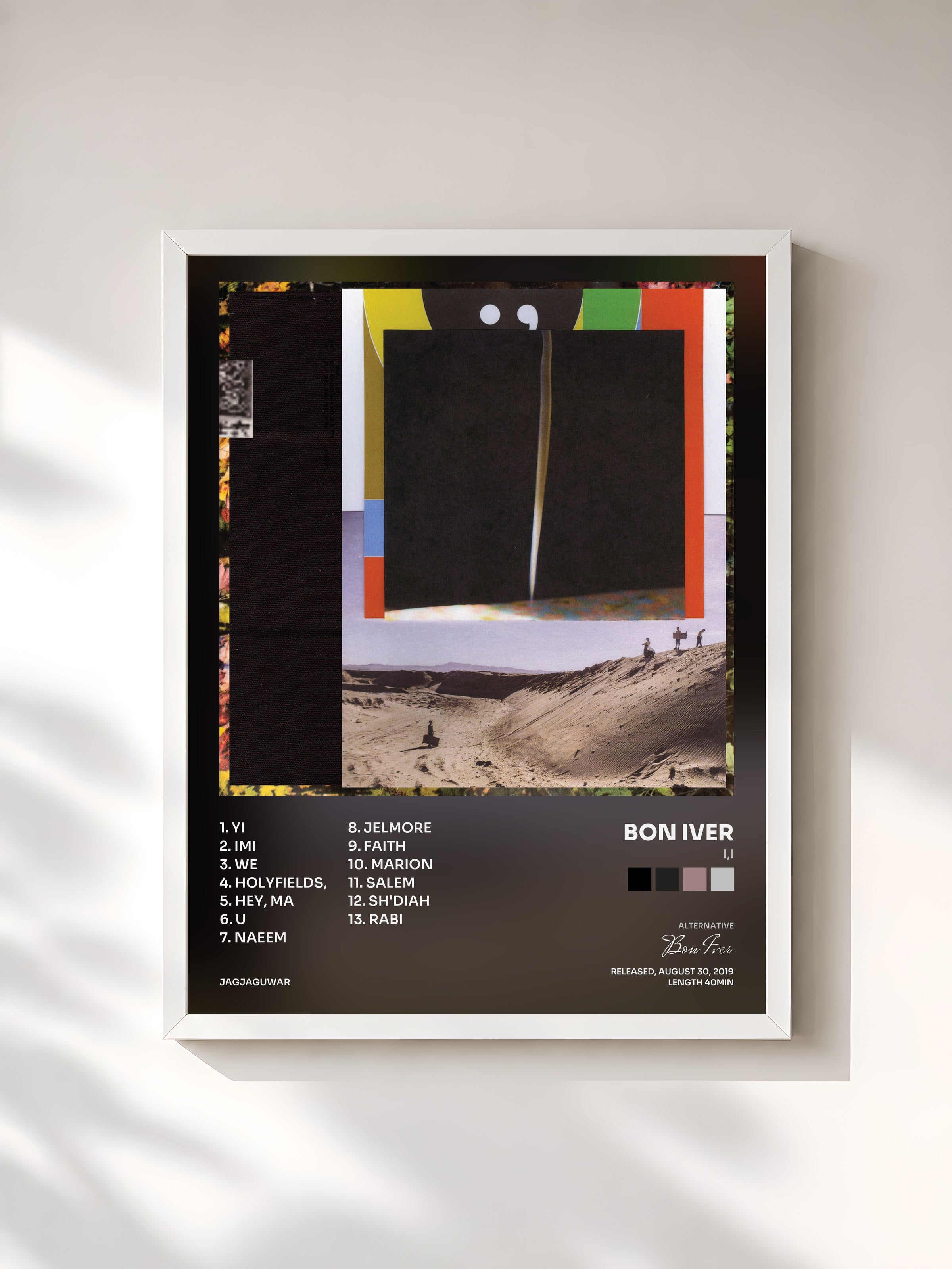#blanc Tableau de l'album i,i de Bon Iver, cadre blanc, imprimé et encadré en France