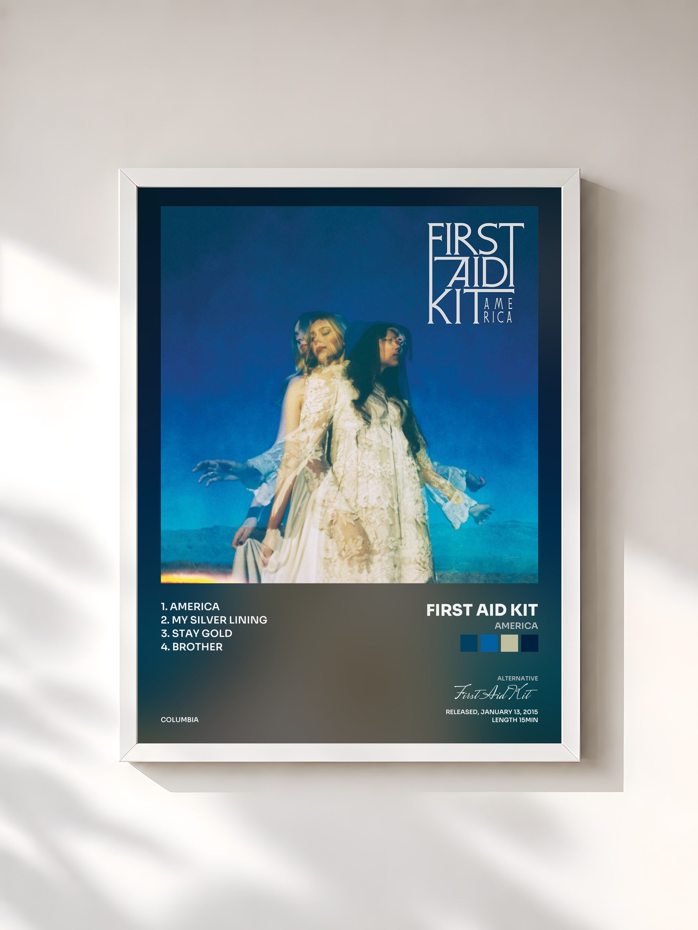 #blanc Tableau de l'album America de First Aid Kit, cadre blanc, imprimé et encadré en France