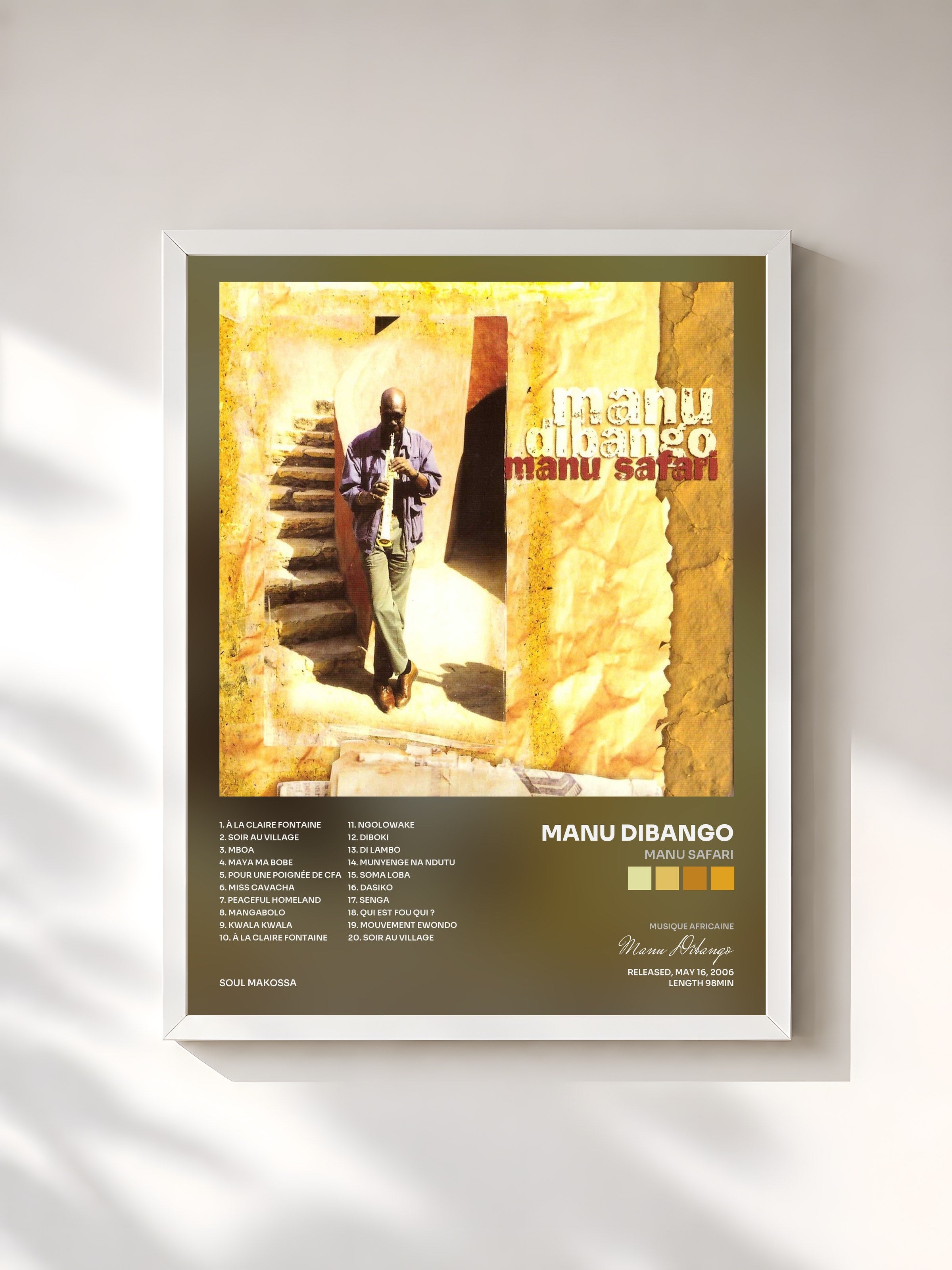 #blanc Tableau de l'album Manu Safari de Manu Dibango, cadre blanc, imprimé et encadré en France