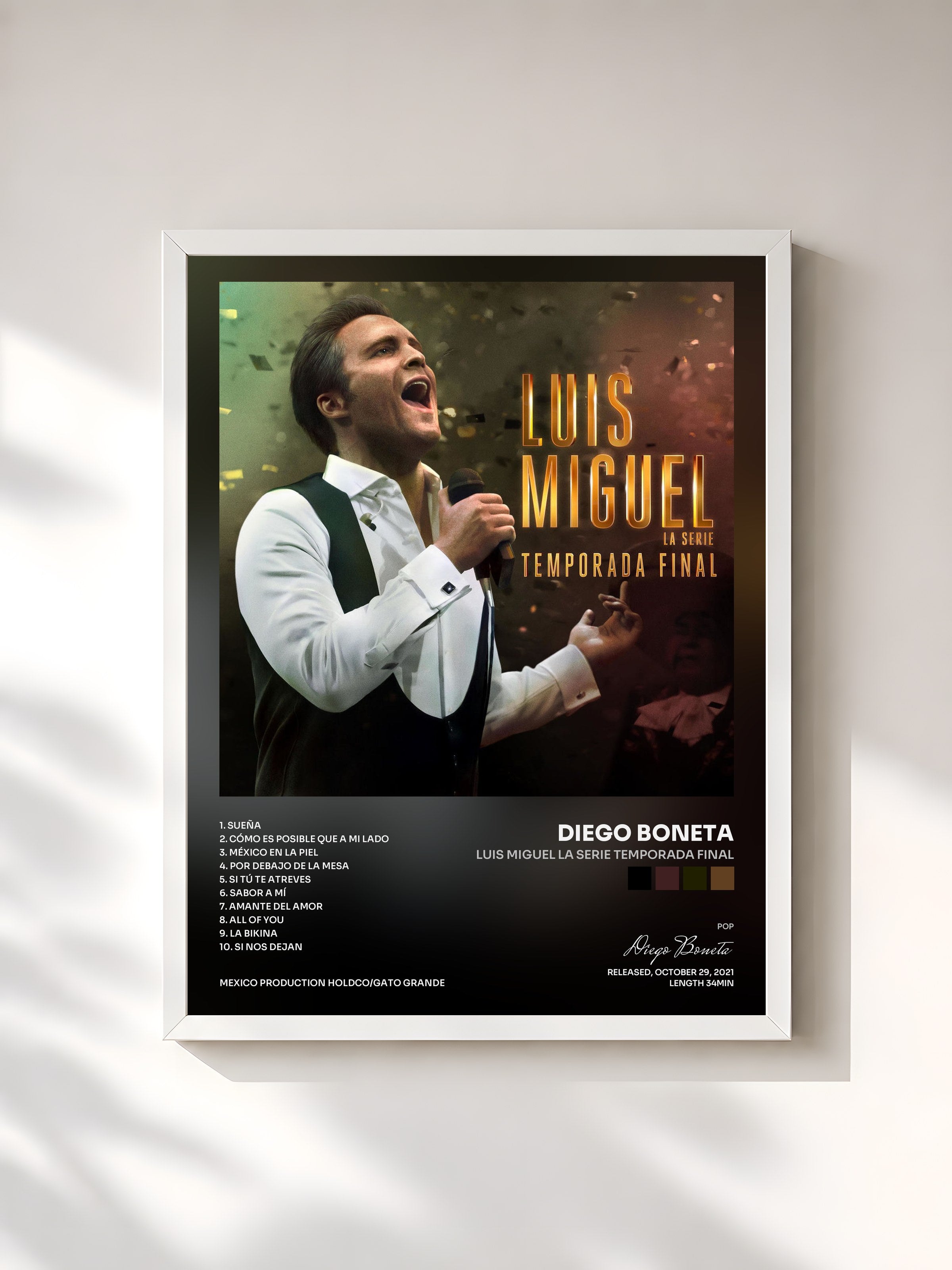 #blanc Tableau de l'album Luis Miguel la Serie Temporada Final de Diego Boneta, cadre blanc, imprimé et encadré en France