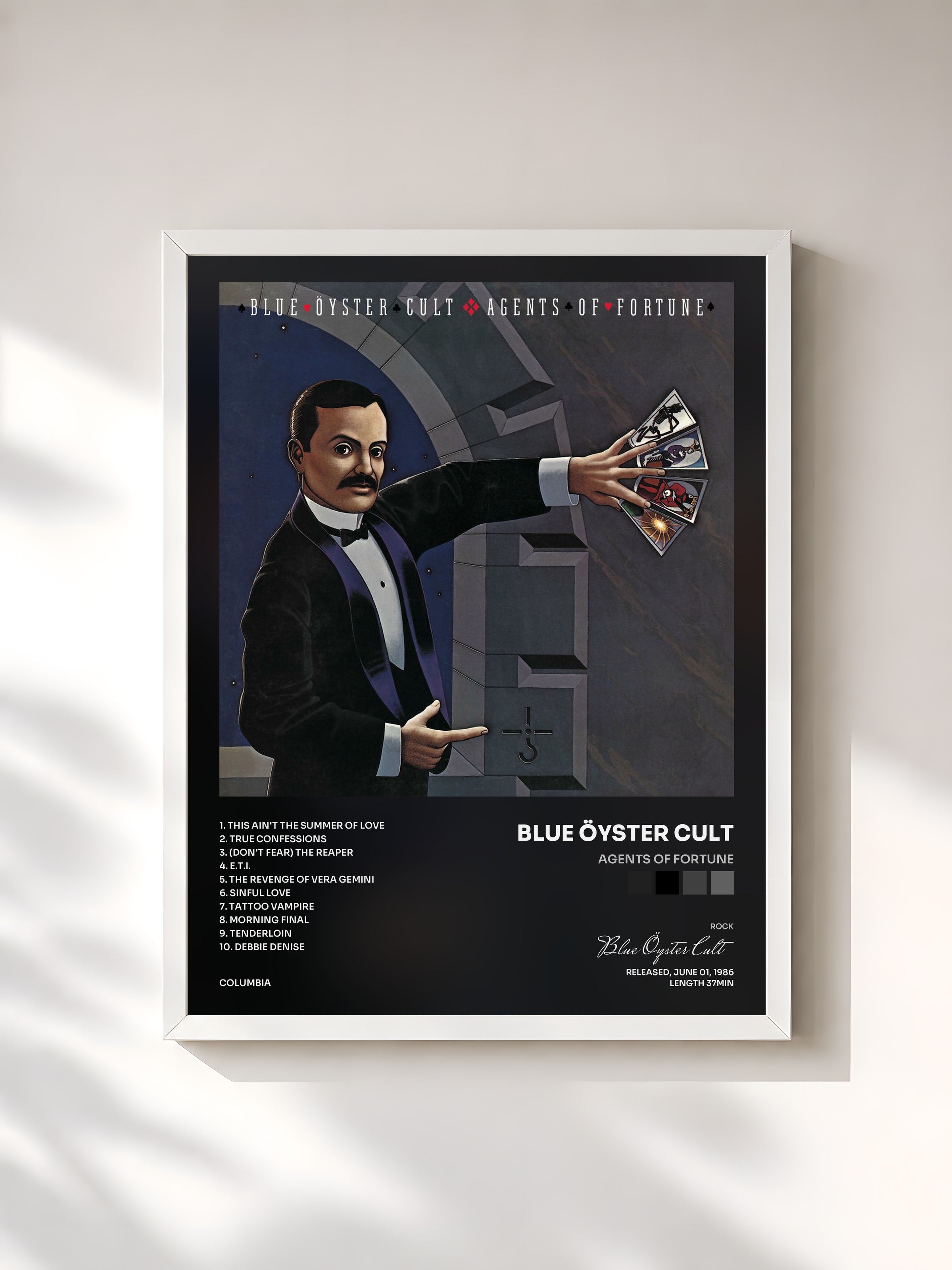 #blanc Tableau de l'album Agents Of Fortune de Blue Öyster Cult, cadre blanc, imprimé et encadré en France
