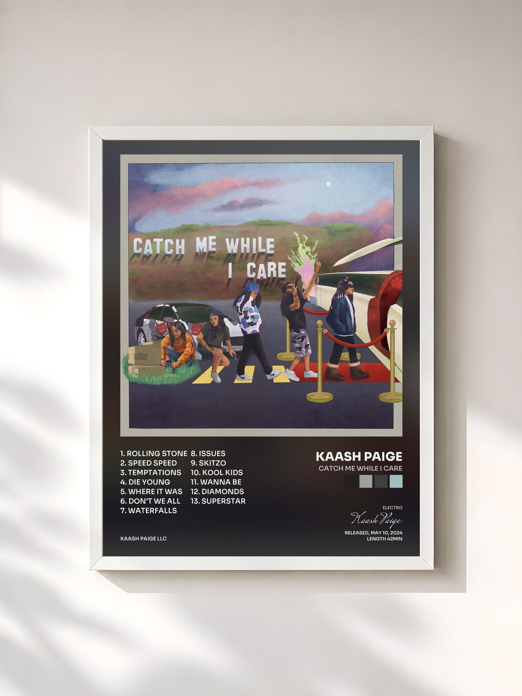 #blanc Tableau de l'album Catch Me While I Care de Kaash Paige, cadre blanc, imprimé et encadré en France