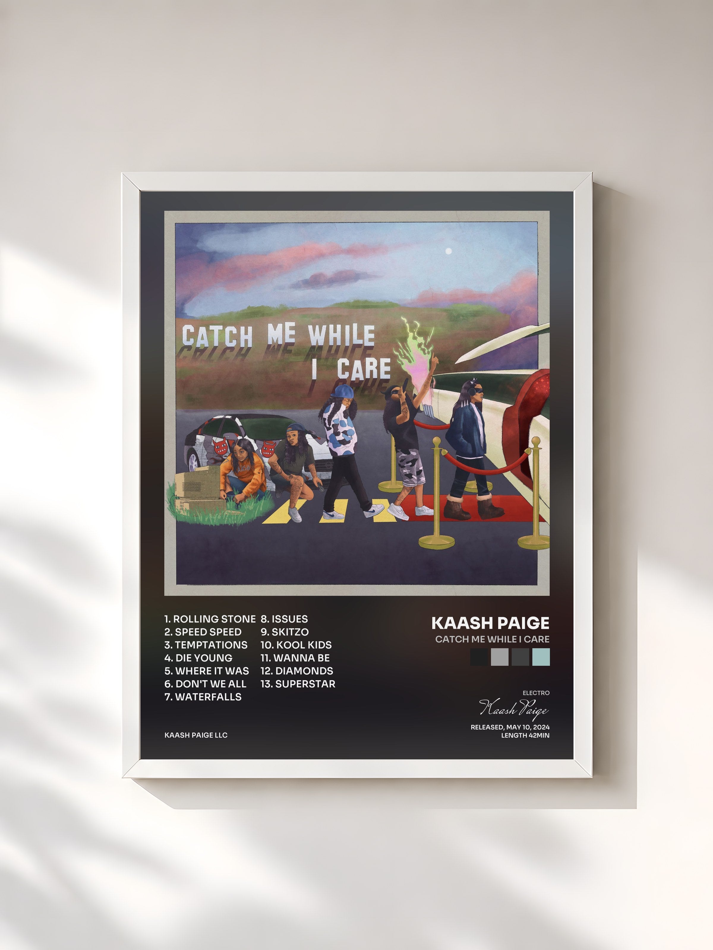 #blanc Tableau de l'album Catch Me While I Care de Kaash Paige, cadre blanc, imprimé et encadré en France