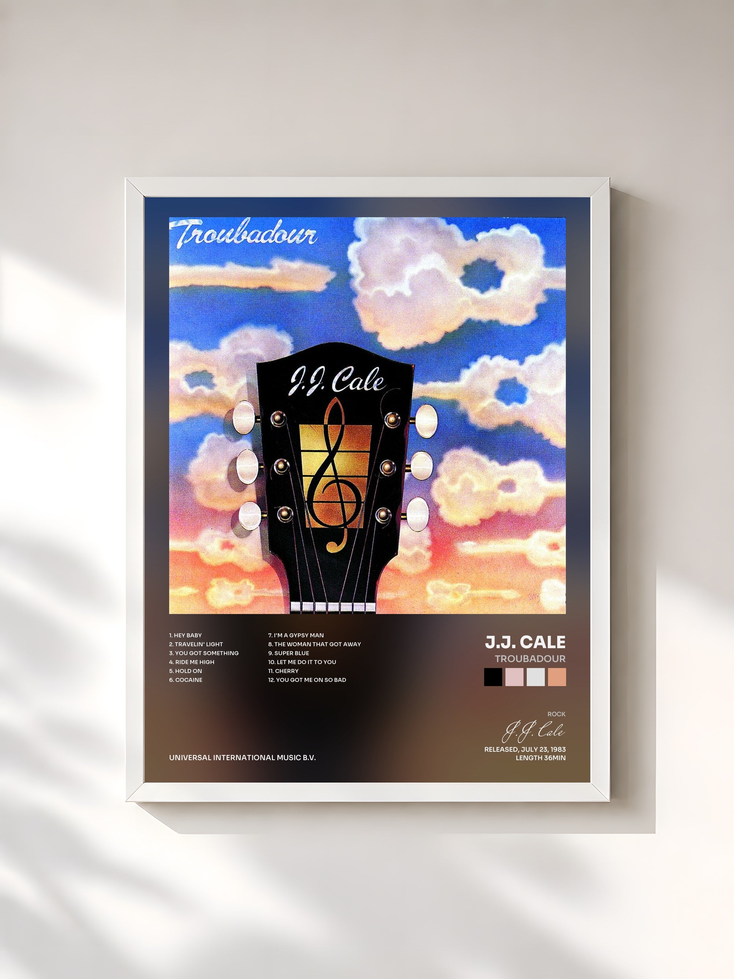 #blanc Tableau de l'album Troubadour de J.J. Cale, cadre blanc, imprimé et encadré en France