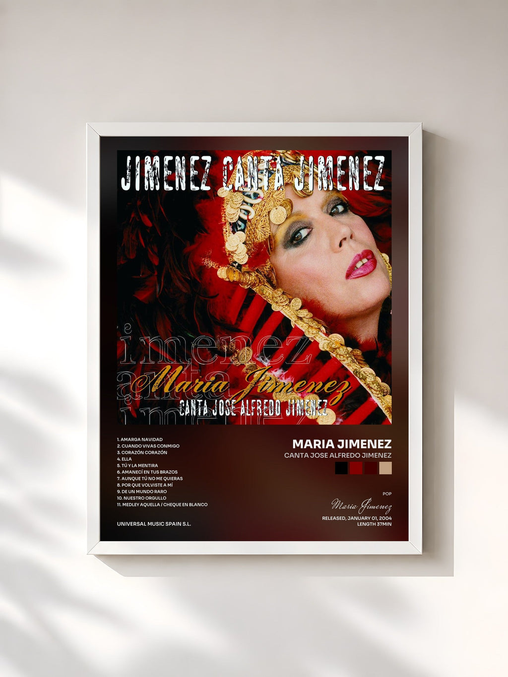 #blanc Tableau de l'album Canta Jose Alfredo Jimenez de Maria Jimenez, cadre blanc, imprimé et encadré en France