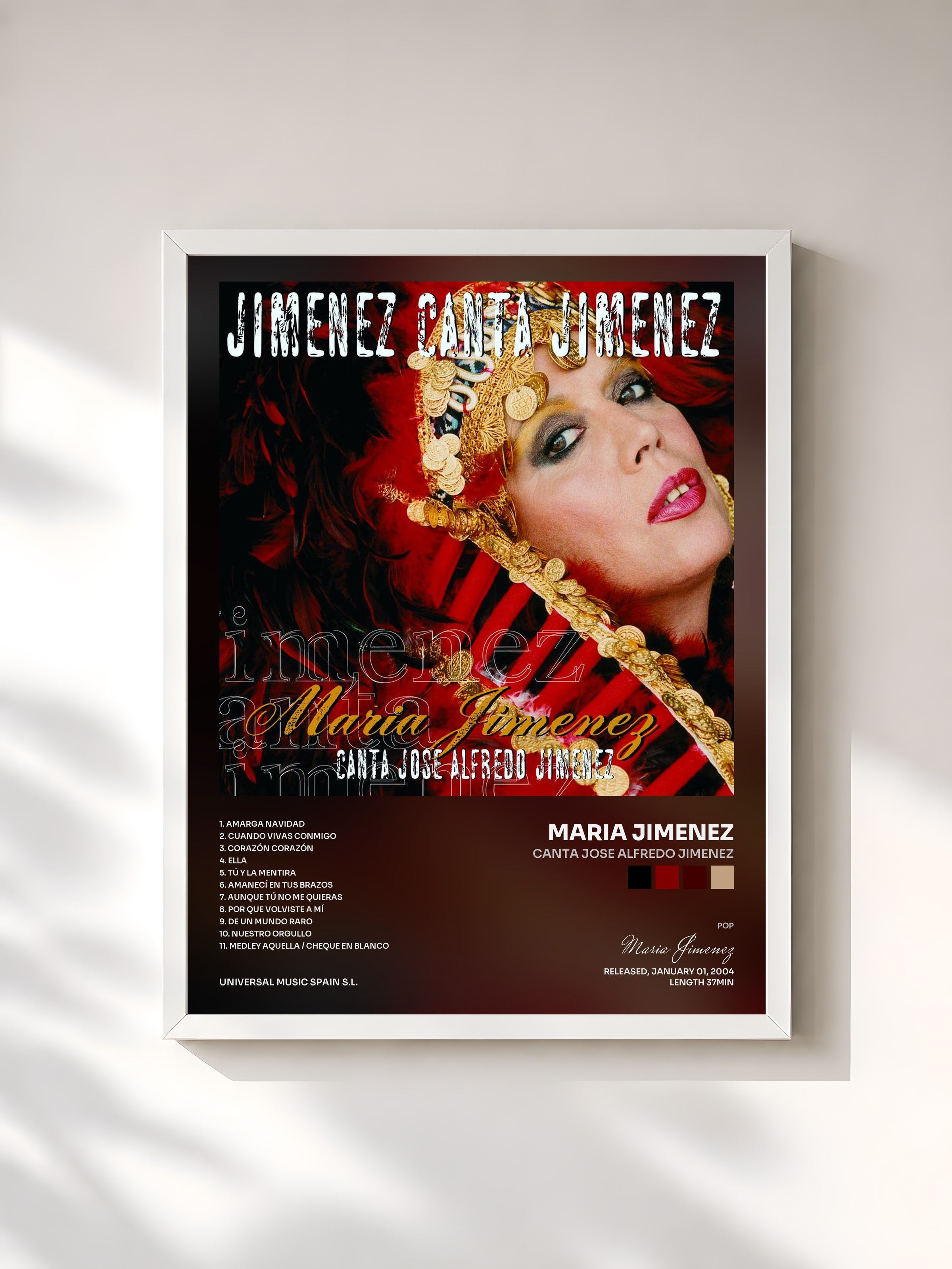 #blanc Tableau de l'album Canta Jose Alfredo Jimenez de Maria Jimenez, cadre blanc, imprimé et encadré en France
