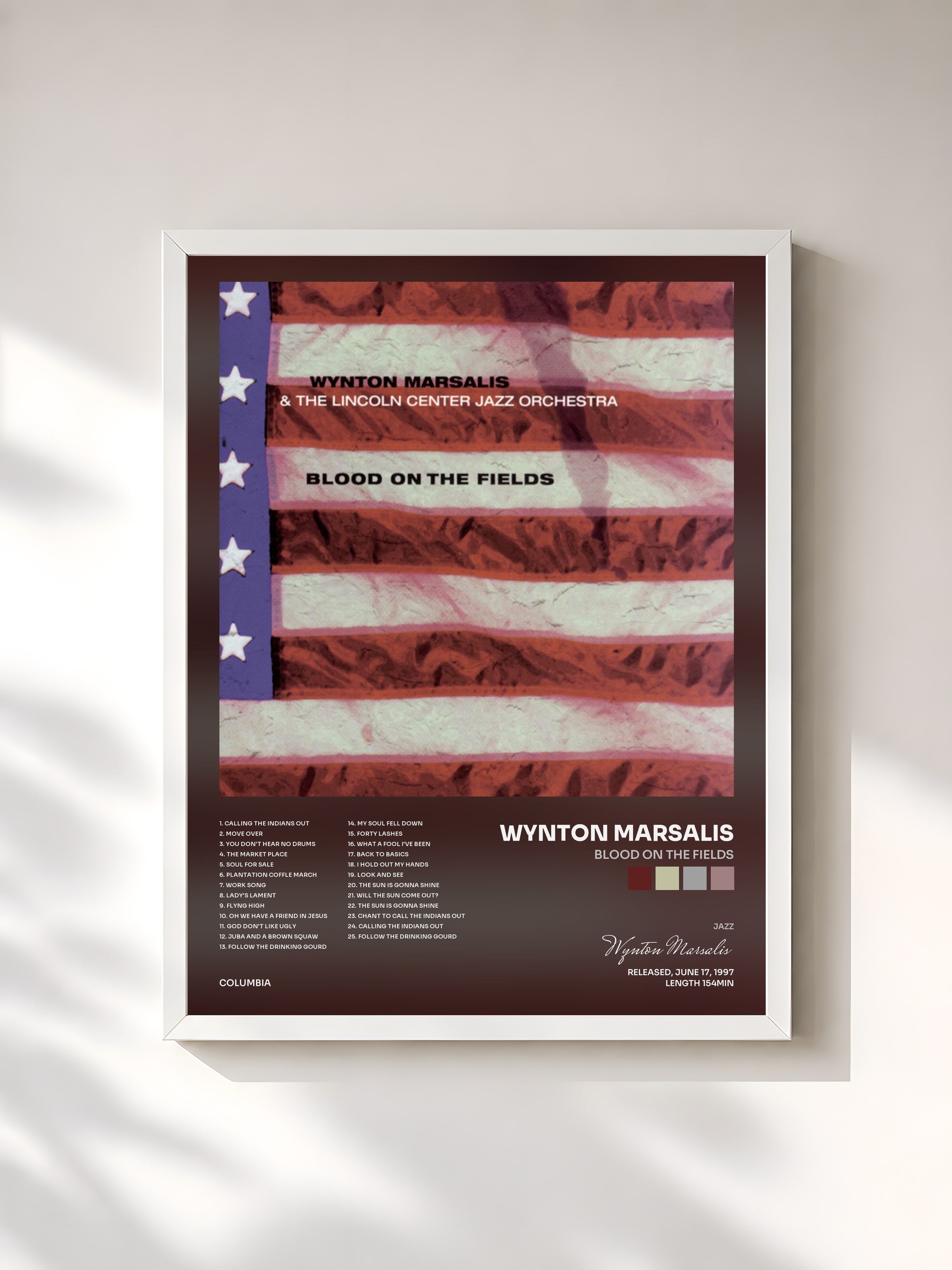 #blanc Tableau de l'album Blood On The Fields de Wynton Marsalis, cadre blanc, imprimé et encadré en France