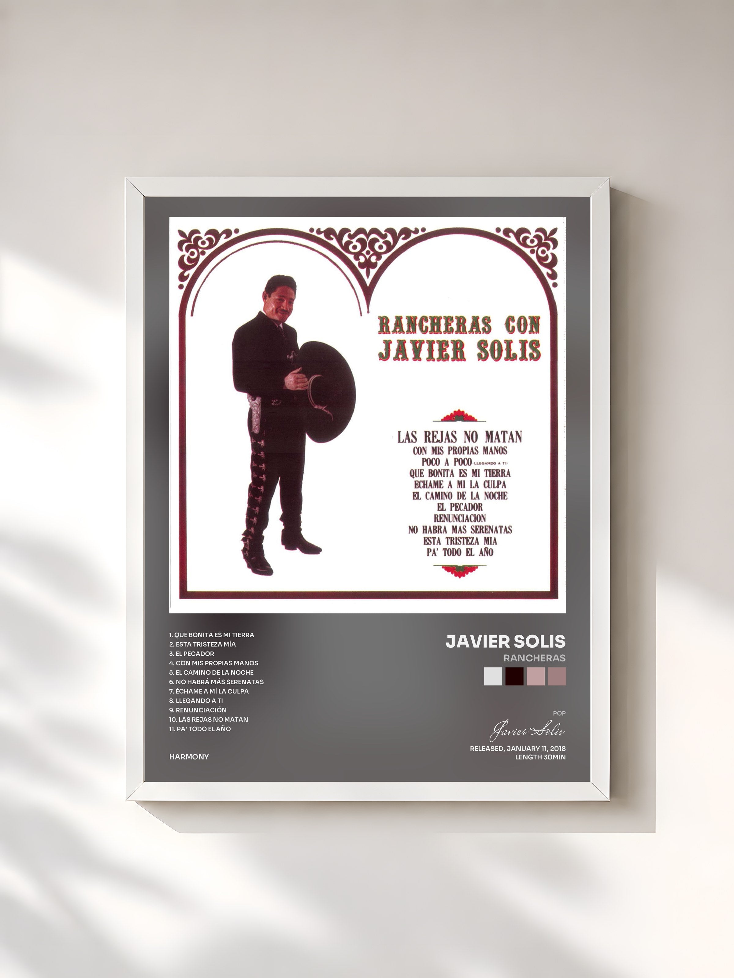 #blanc Tableau de l'album Rancheras de Javier Solis, cadre blanc, imprimé et encadré en France